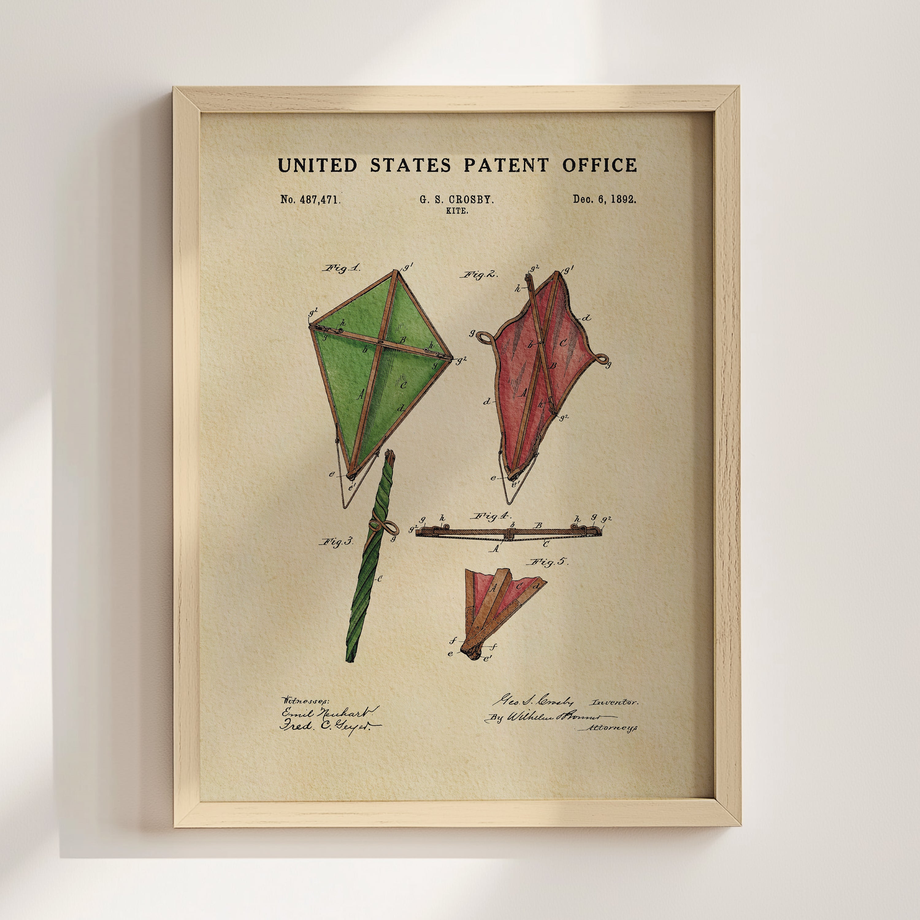 The image is a framed print of a United States patent office patent from Dec. 6, 1883, featuring a kite design.
