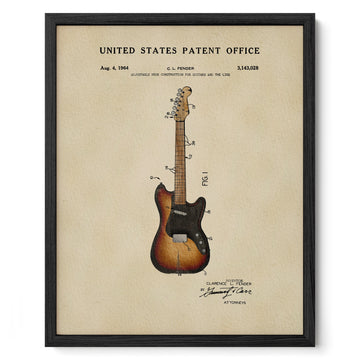 The image is a framed patent drawing of a guitar, depicting the design and construction of the guitar as described in the United States Patent Office patent filing.