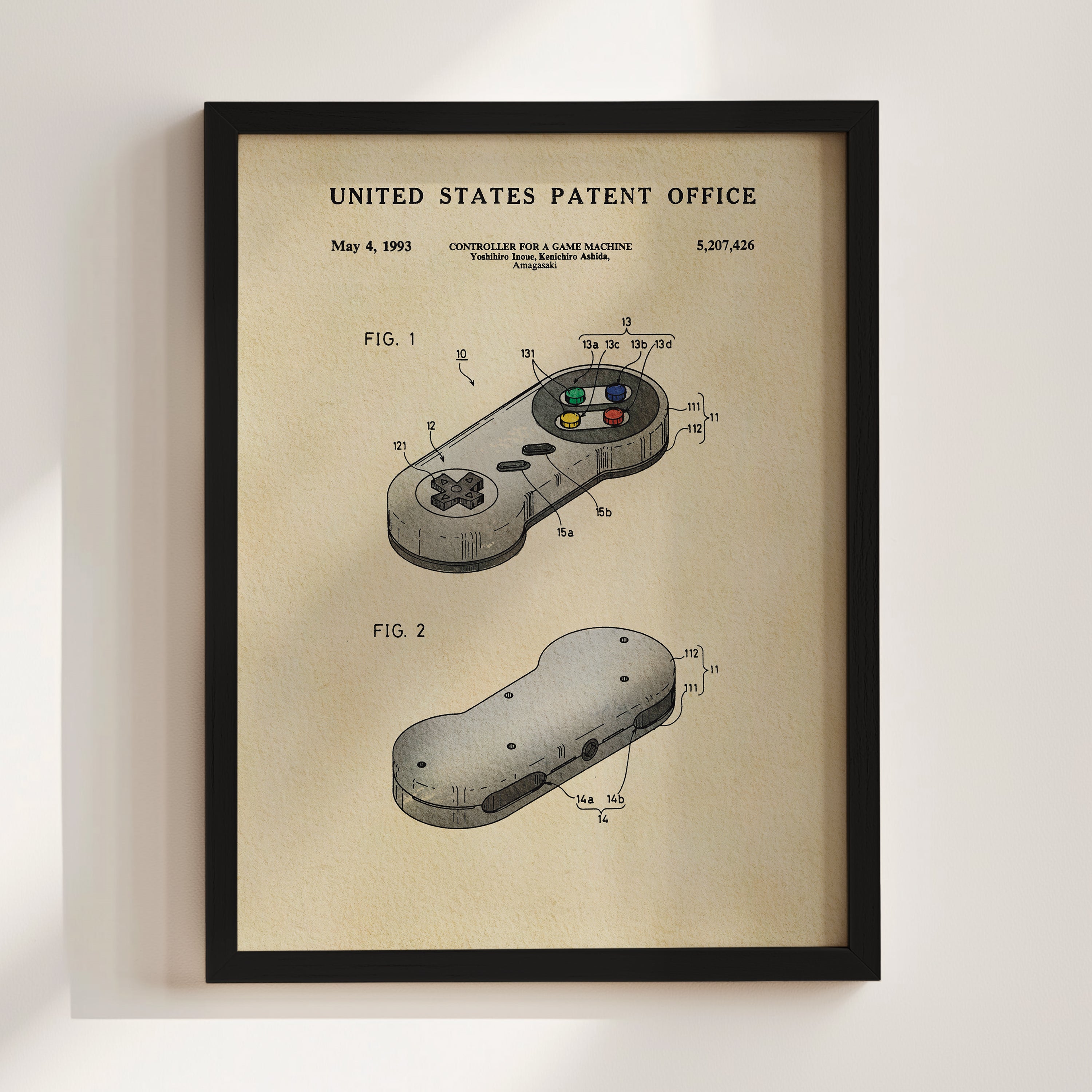 The image is a framed patent drawing of a video game controller, specifically a Nintendo controller, with technical drawings and specifications.