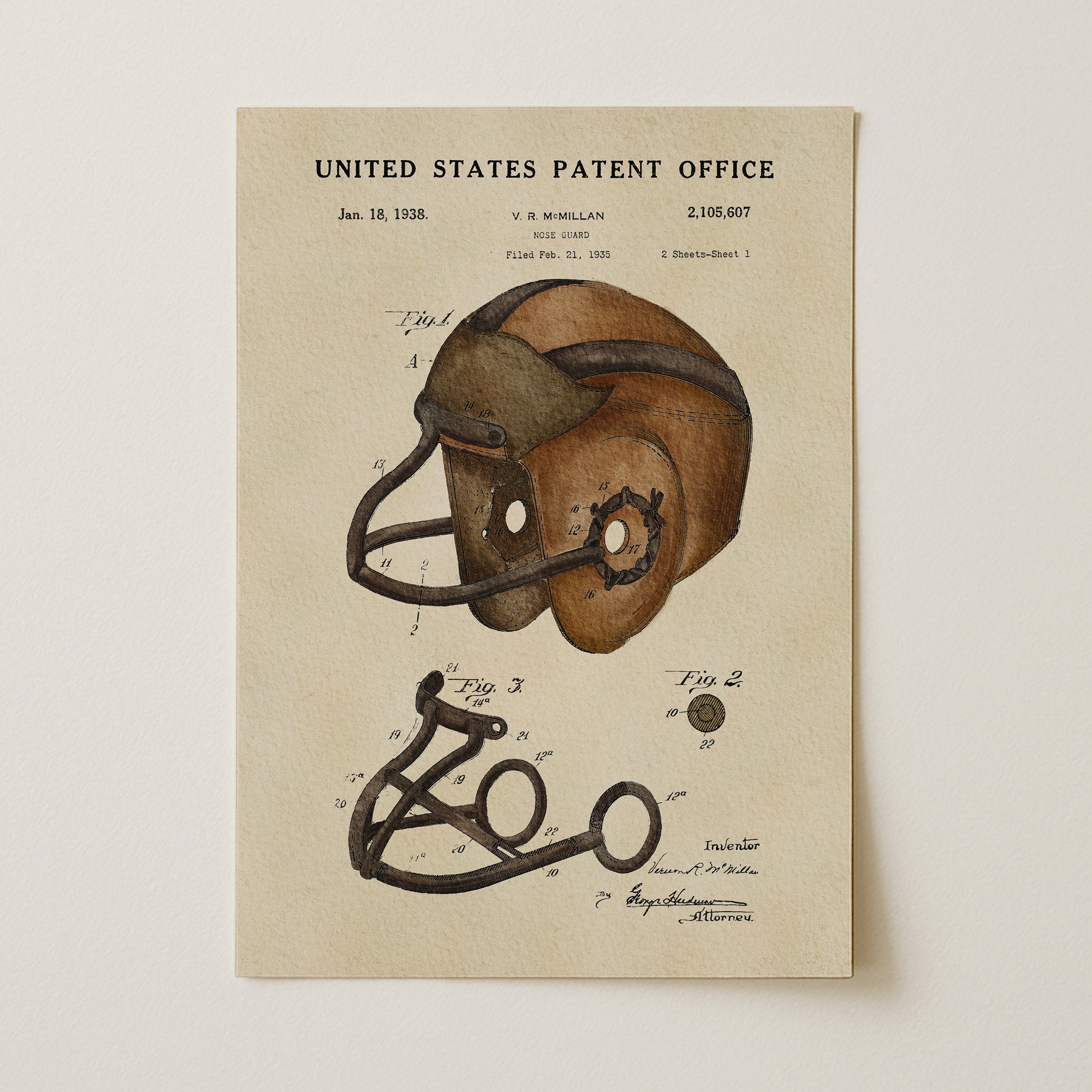 A framed patent drawing of a football helmet from the United States Patent Office, dated January 18, 1933.