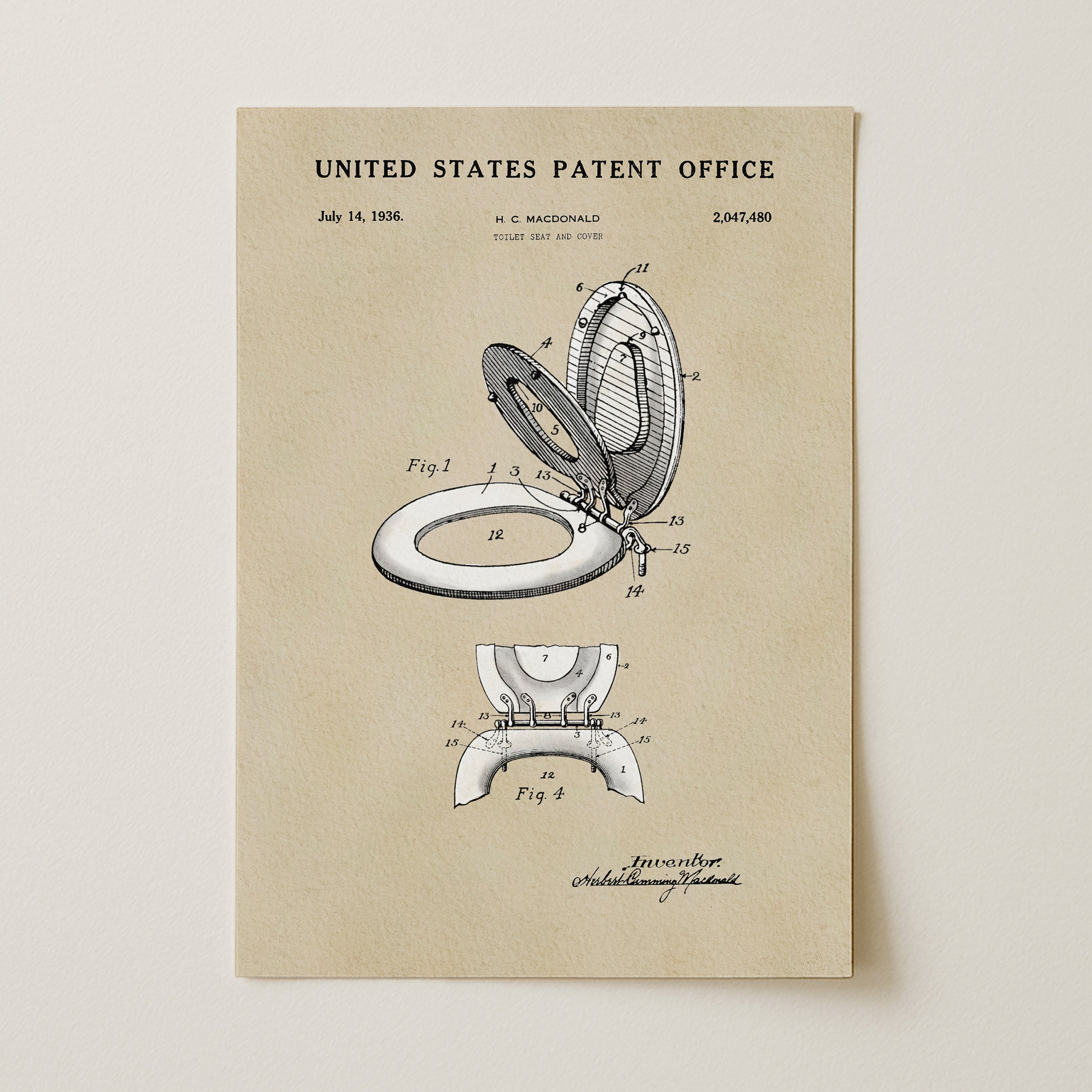 The image is a patent drawing from the United States Patent Office, dated July 14, 1938, depicting a toilet with a raised seat and a chain-link design.