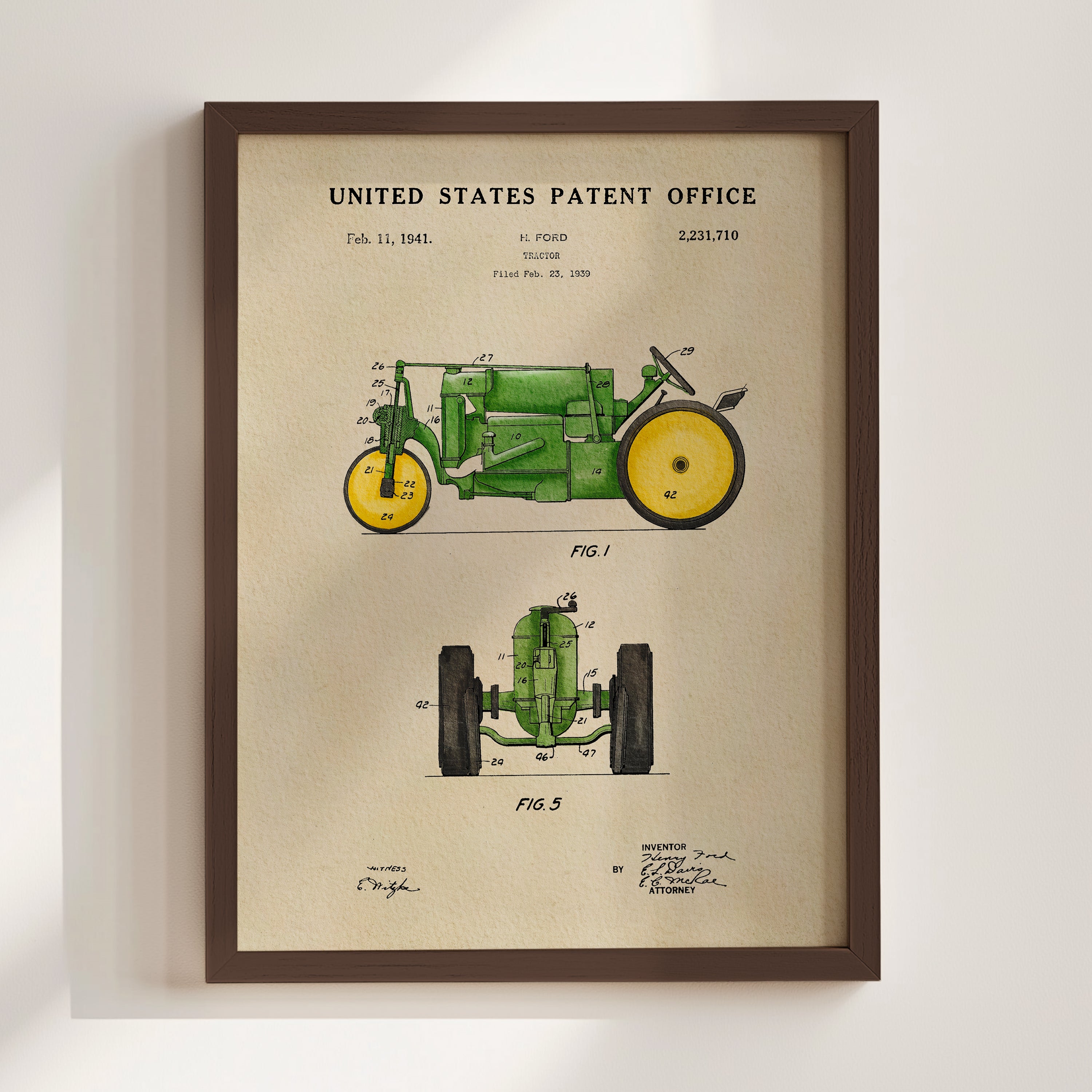 The image is a framed patent drawing of a tractor, depicting its design and features.
