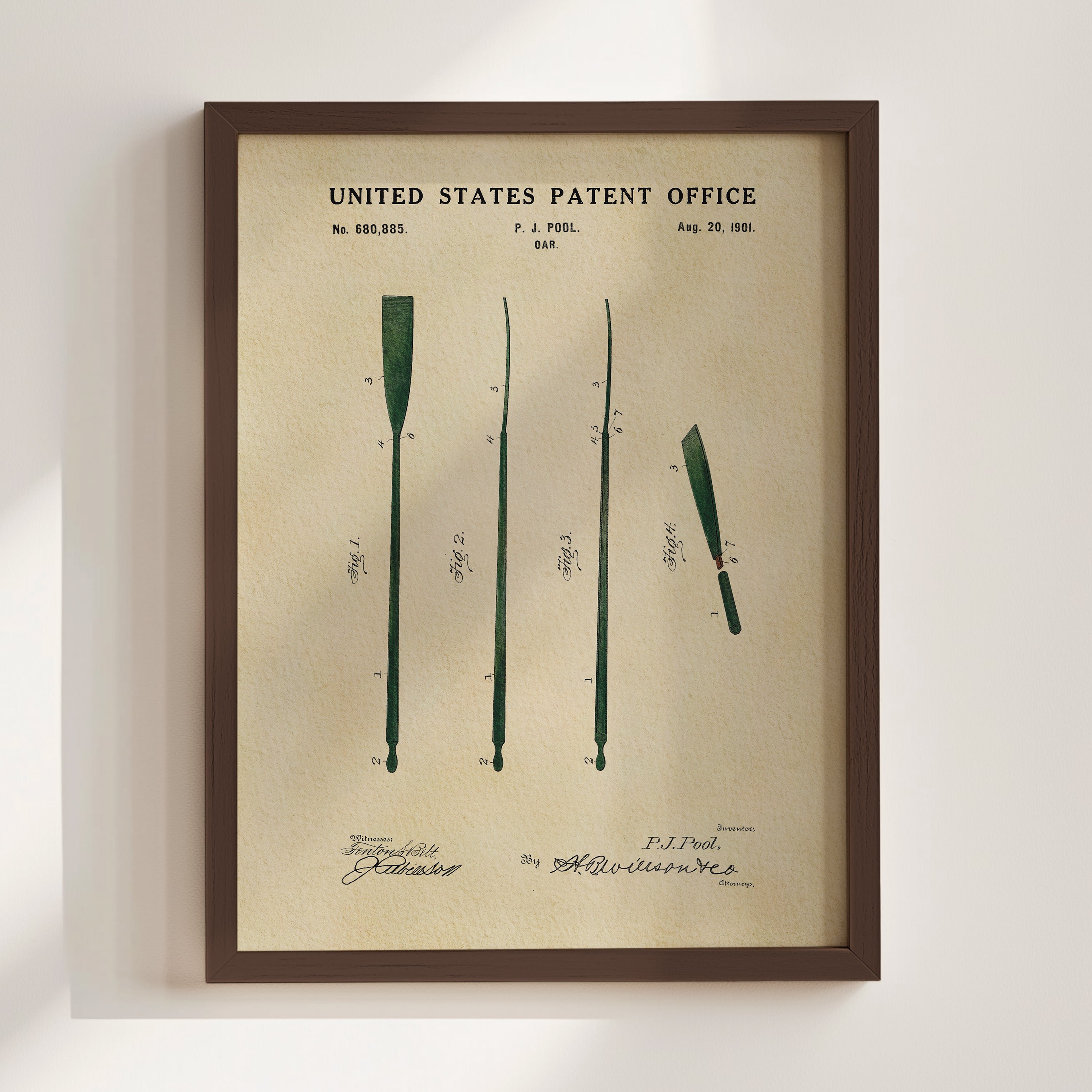 The image is a framed print of a United States patent office patent from August 20, 1901, depicting a paddle.