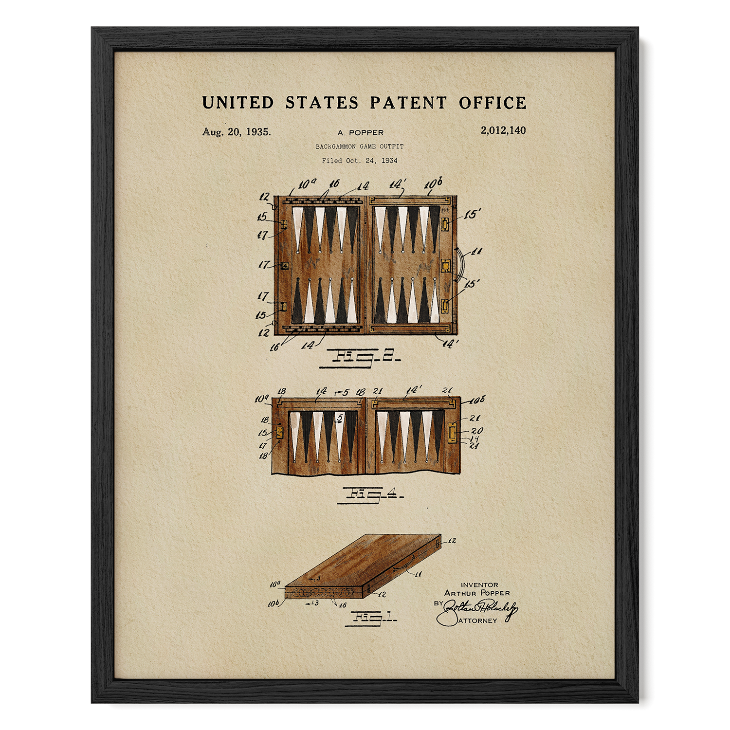 The image is a framed patent drawing of a backgammon game, depicting the game board and pieces in detail.