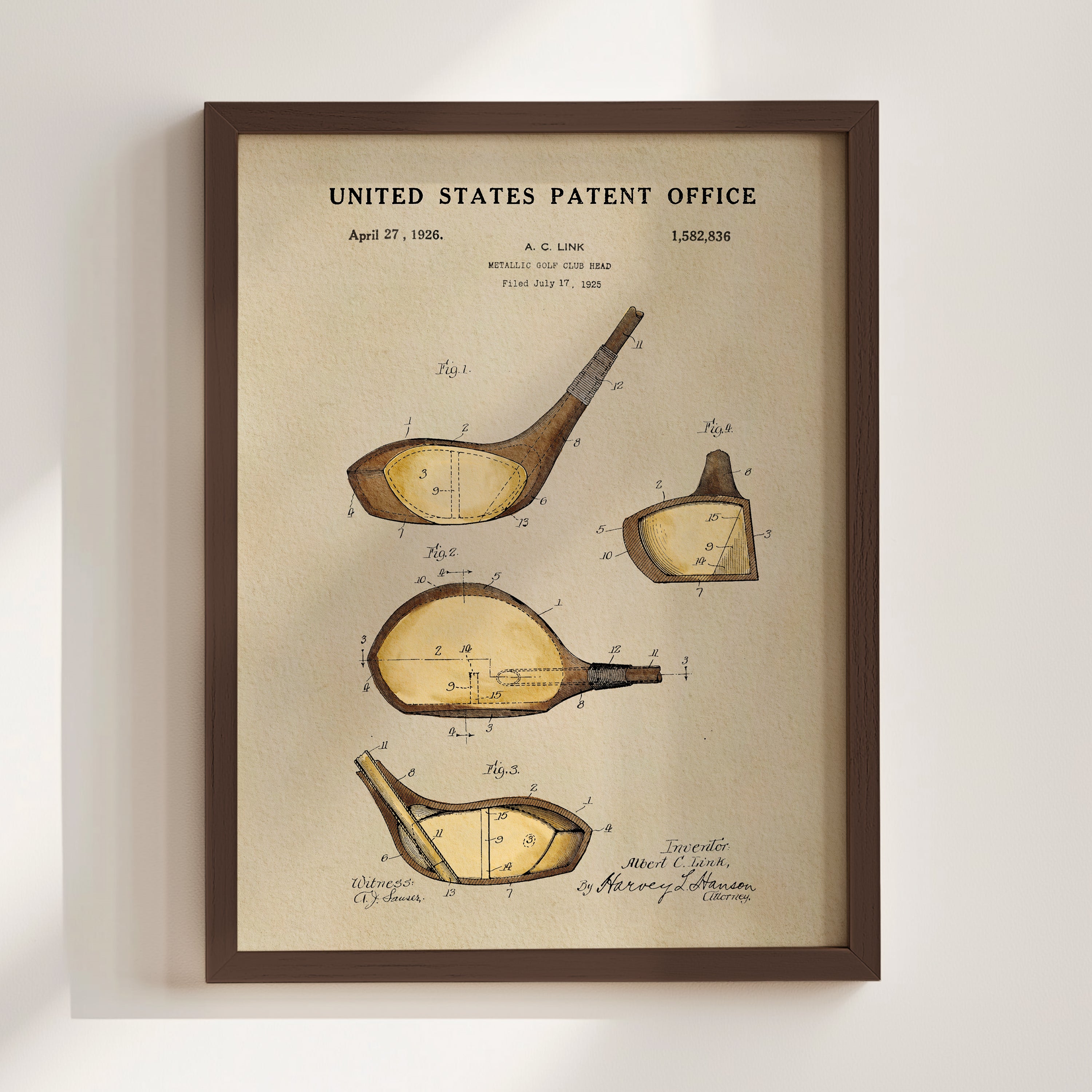 The image is a framed patent drawing depicting a golf club from the United States Patent Office in 1926.