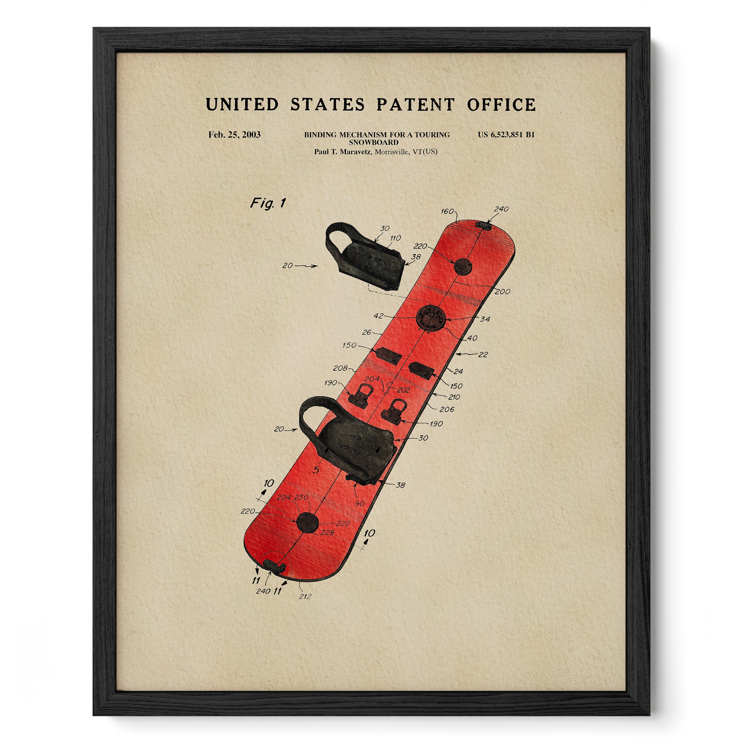 The image is a framed patent drawing depicting a red snowboard with various technical drawings and specifications.