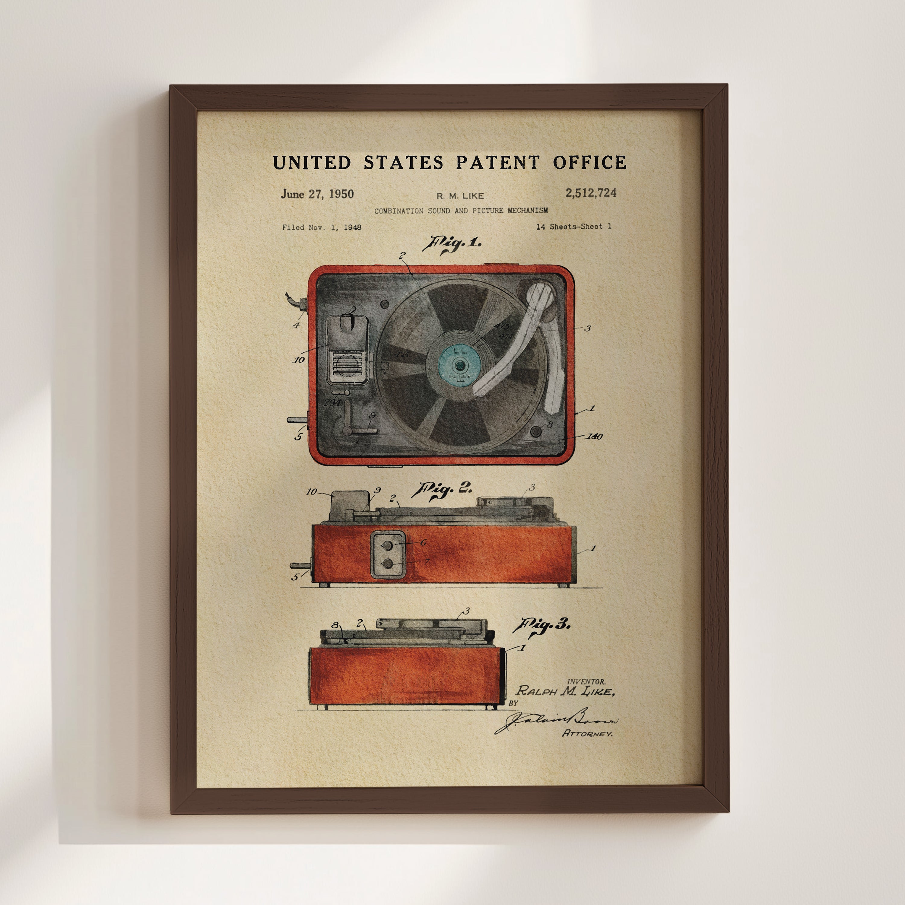 The image is a framed patent drawing of a vintage record player, depicting the design and features of the device.