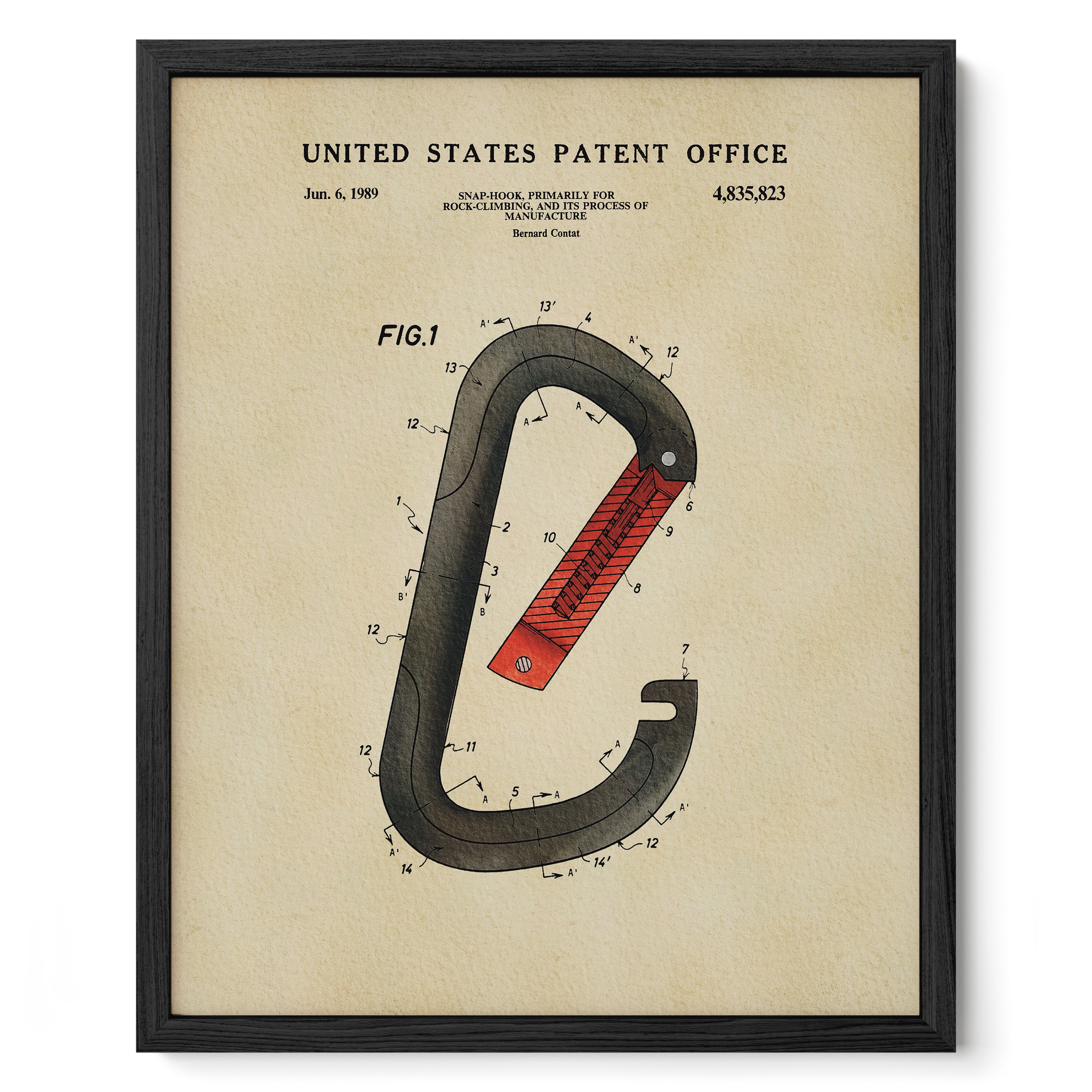 The image is a framed print of a patent drawing from the United States Patent Office, depicting a black and red carabiner with various technical drawings and specifications.