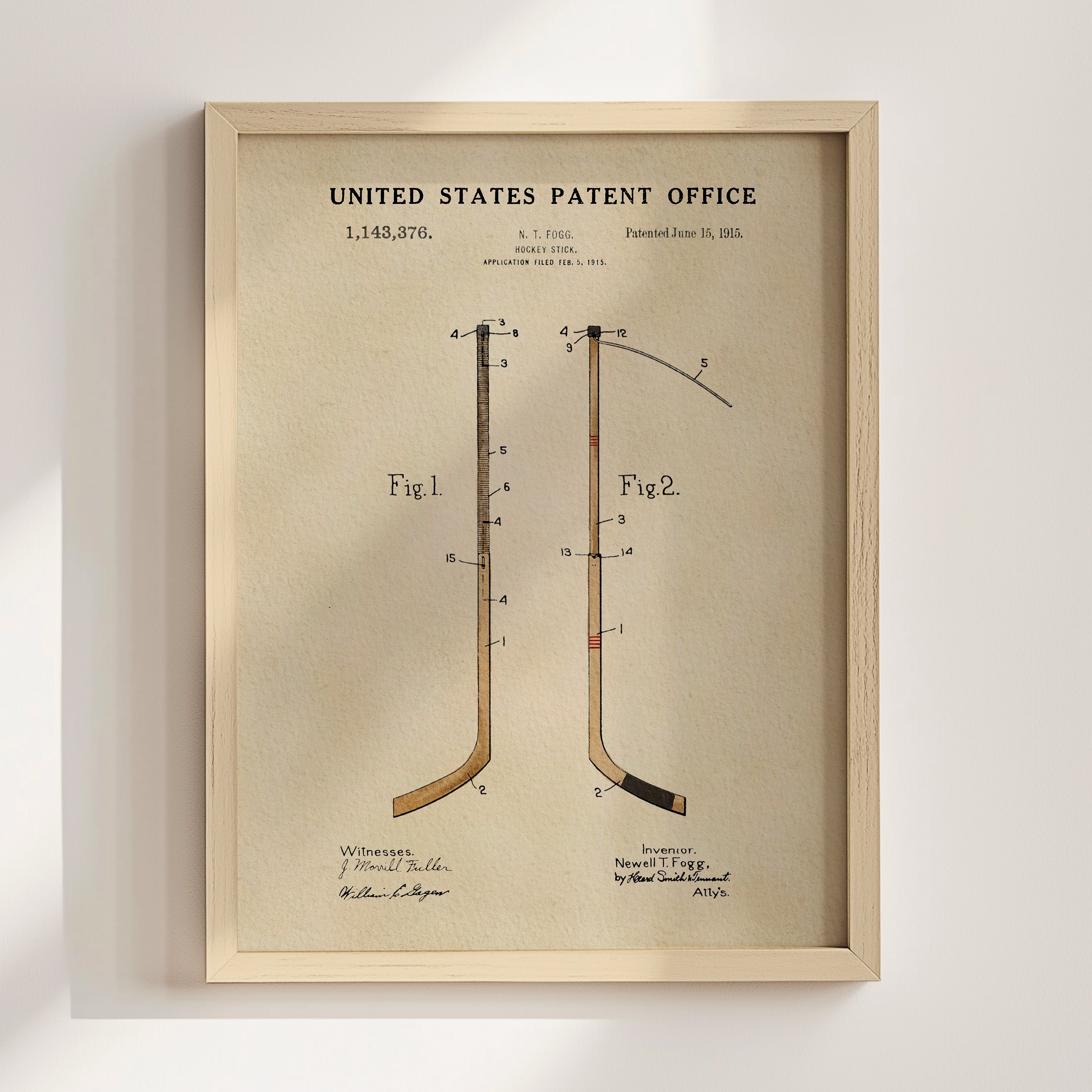 The image is a framed patent drawing depicting a hockey stick with a diagram and text.