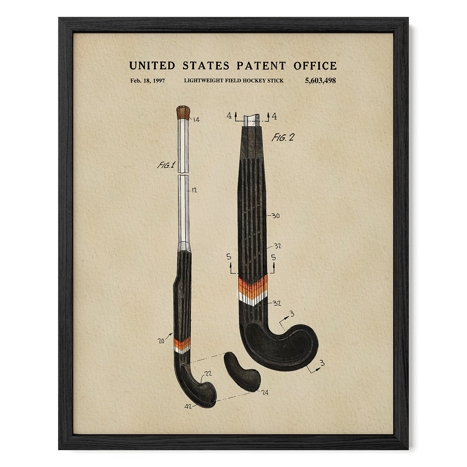 The image is a framed patent drawing depicting a hockey stick with detailed technical drawings and measurements.