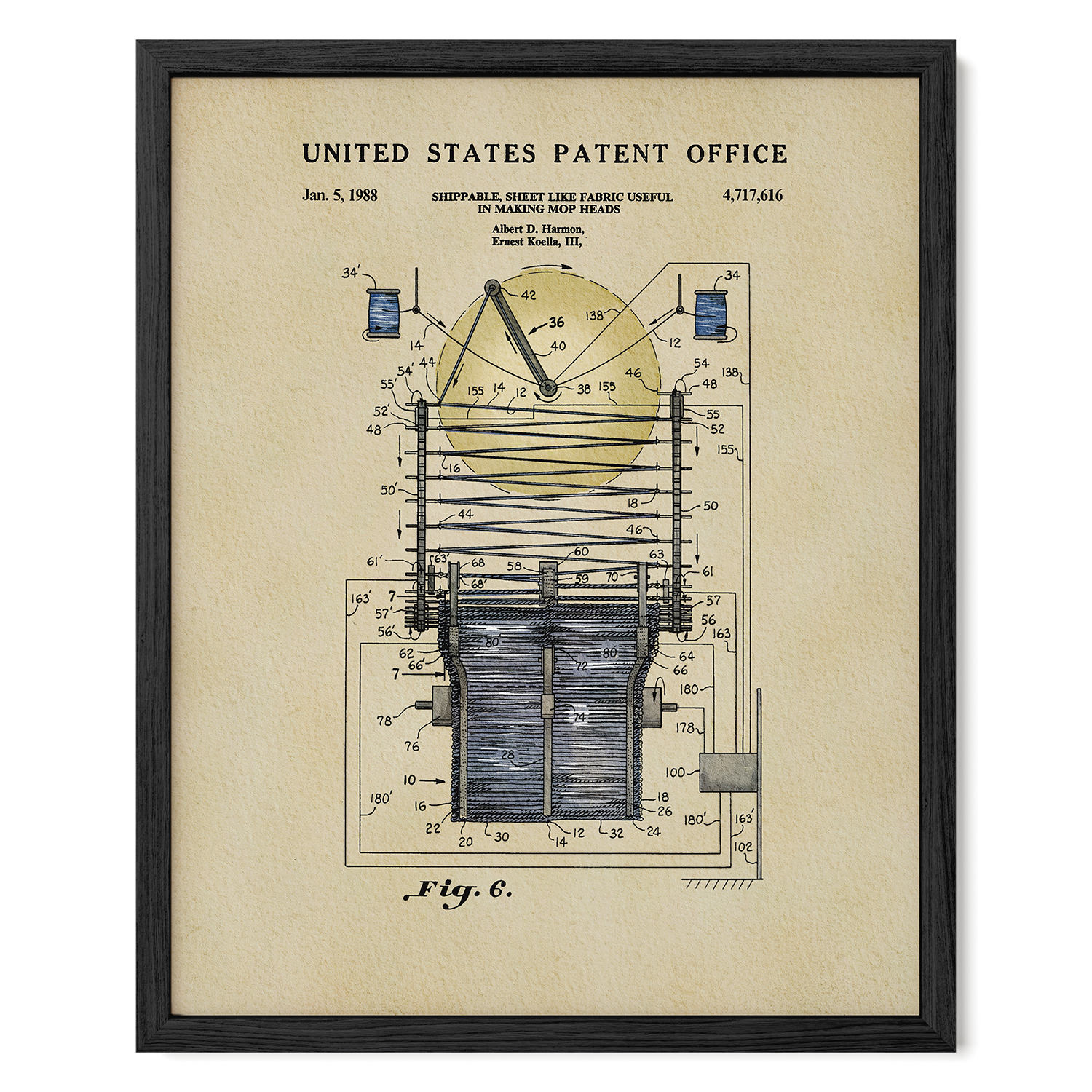The image is a framed patent office patent from the United States, dated Jan. 5, 1988, depicting a clock-like device with a dial and a chain.
