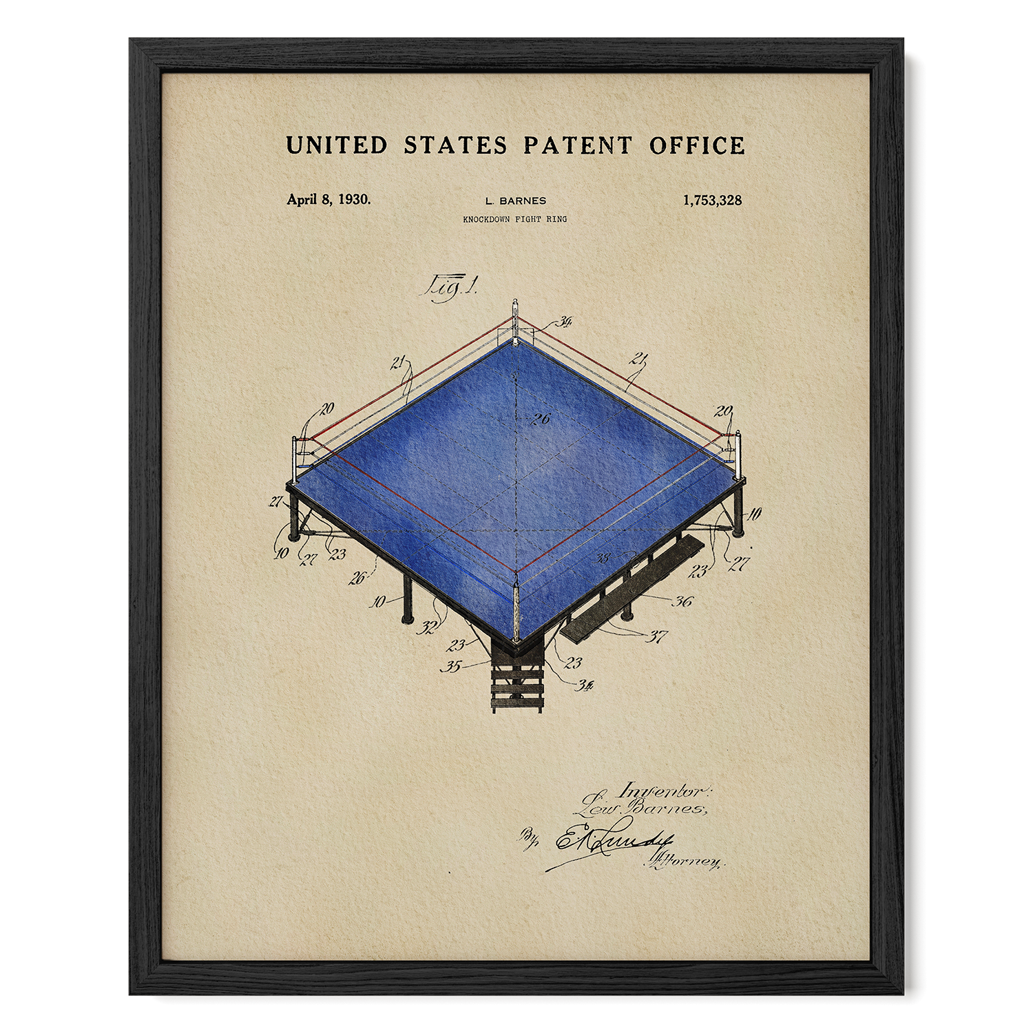 The image is a framed patent drawing depicting a blue structure with various technical drawings and annotations.