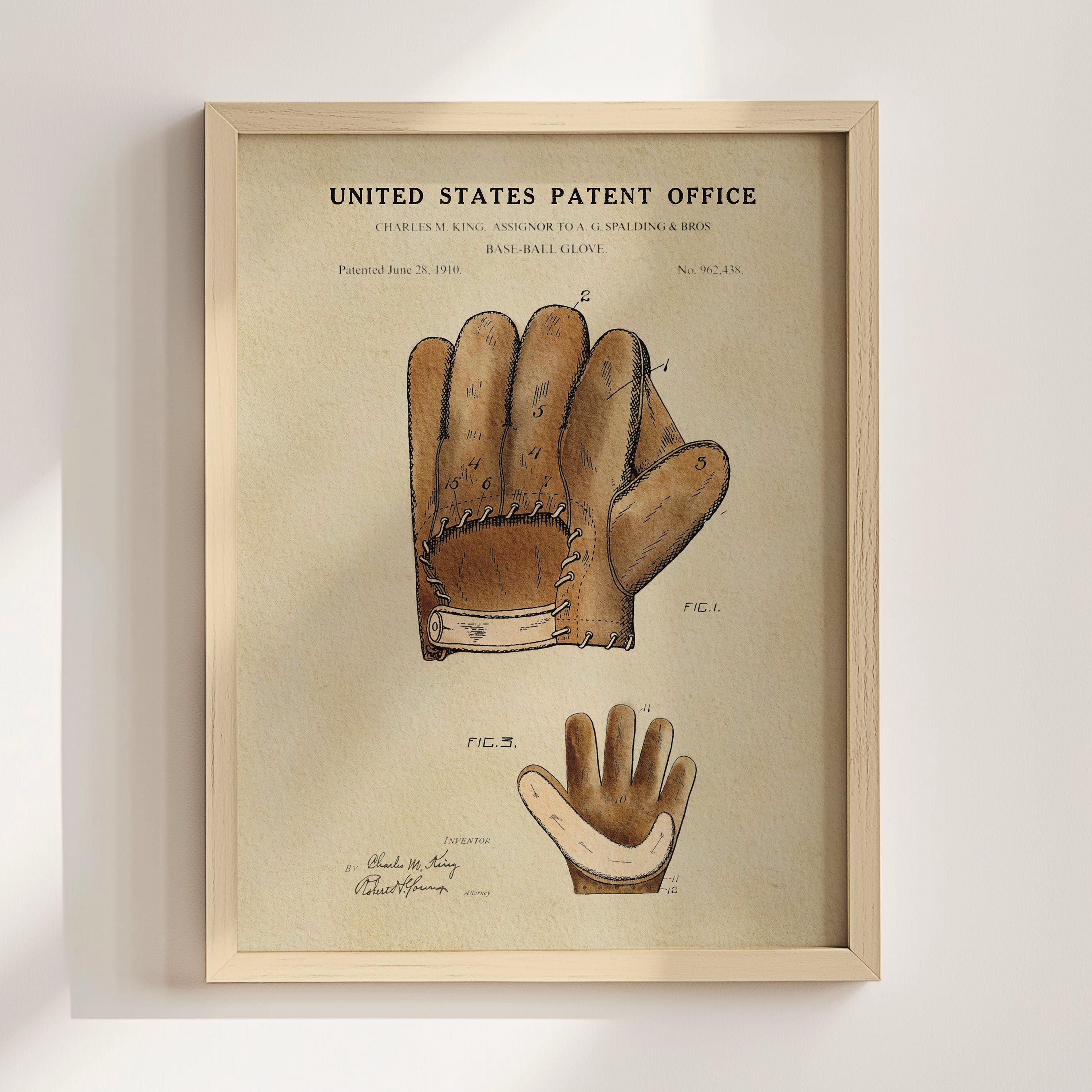 The image is a framed print of a baseball glove patent drawing from the United States Patent Office, dated June 26, 1910.