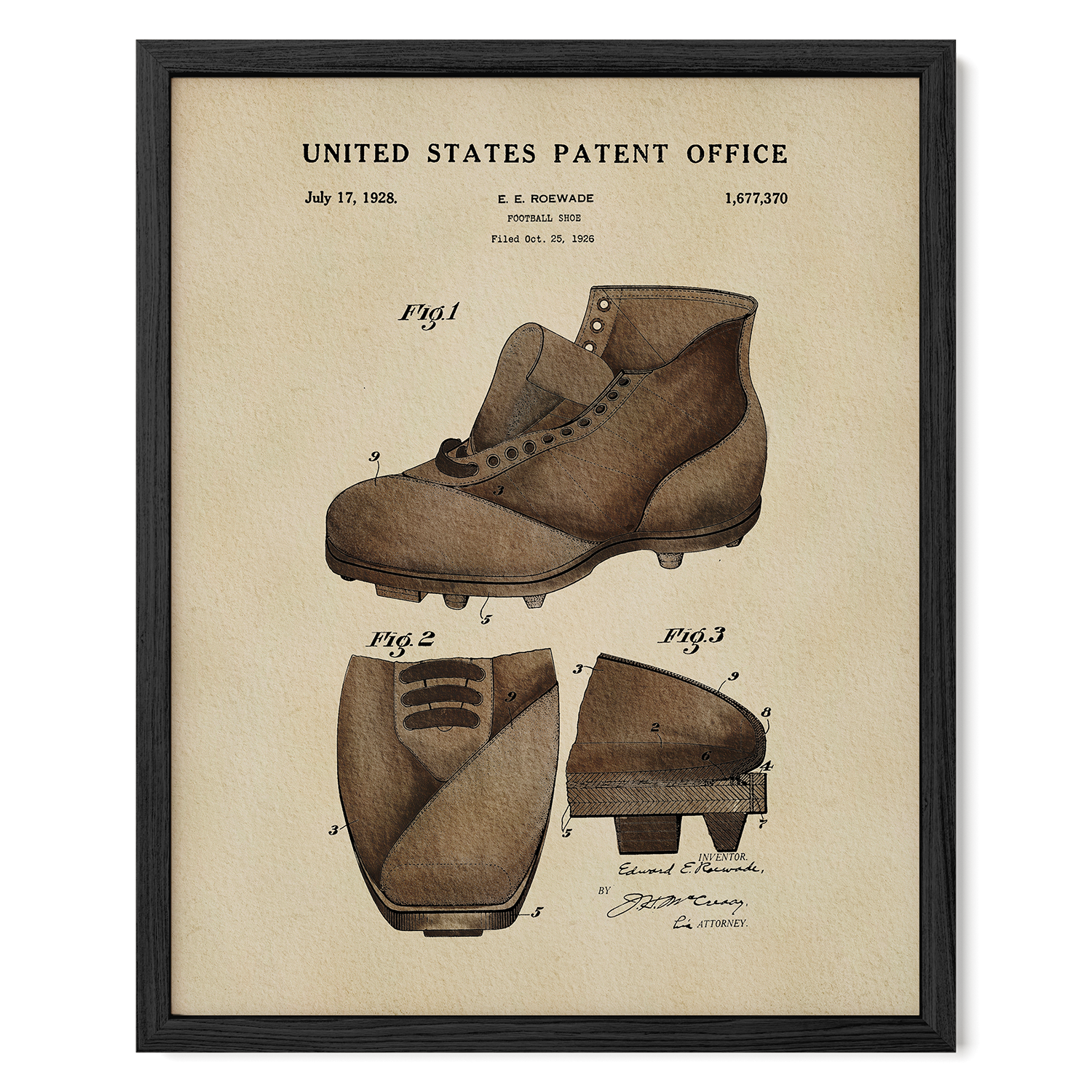 The image is a framed patent drawing of a baseball cleat from the year 1928.