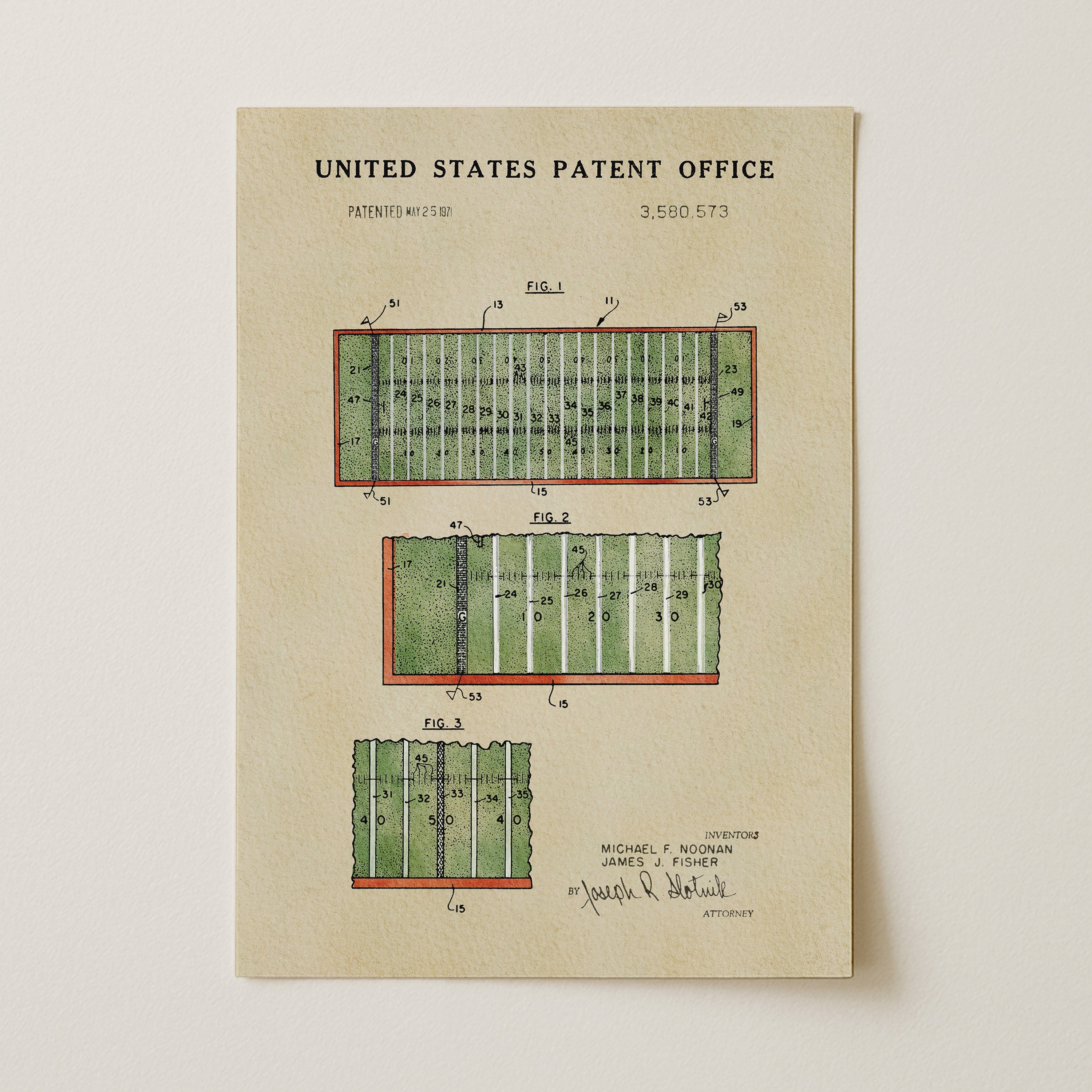 The image is a printed page from the United States Patent Office, featuring a detailed technical drawing of a football field with various markings and dimensions.