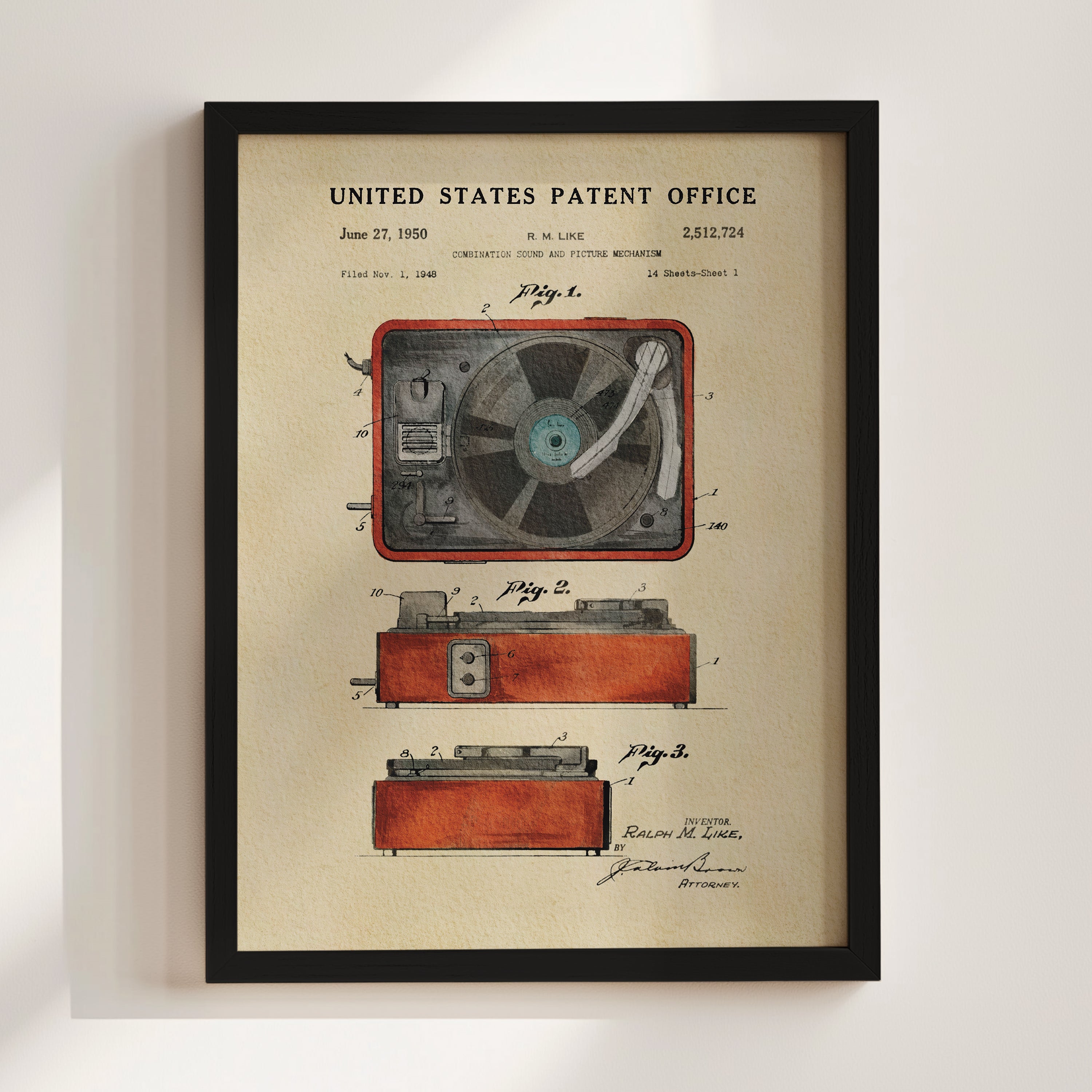 The image is a framed patent drawing of a record player from the United States Patent Office, dated June 27, 1950.