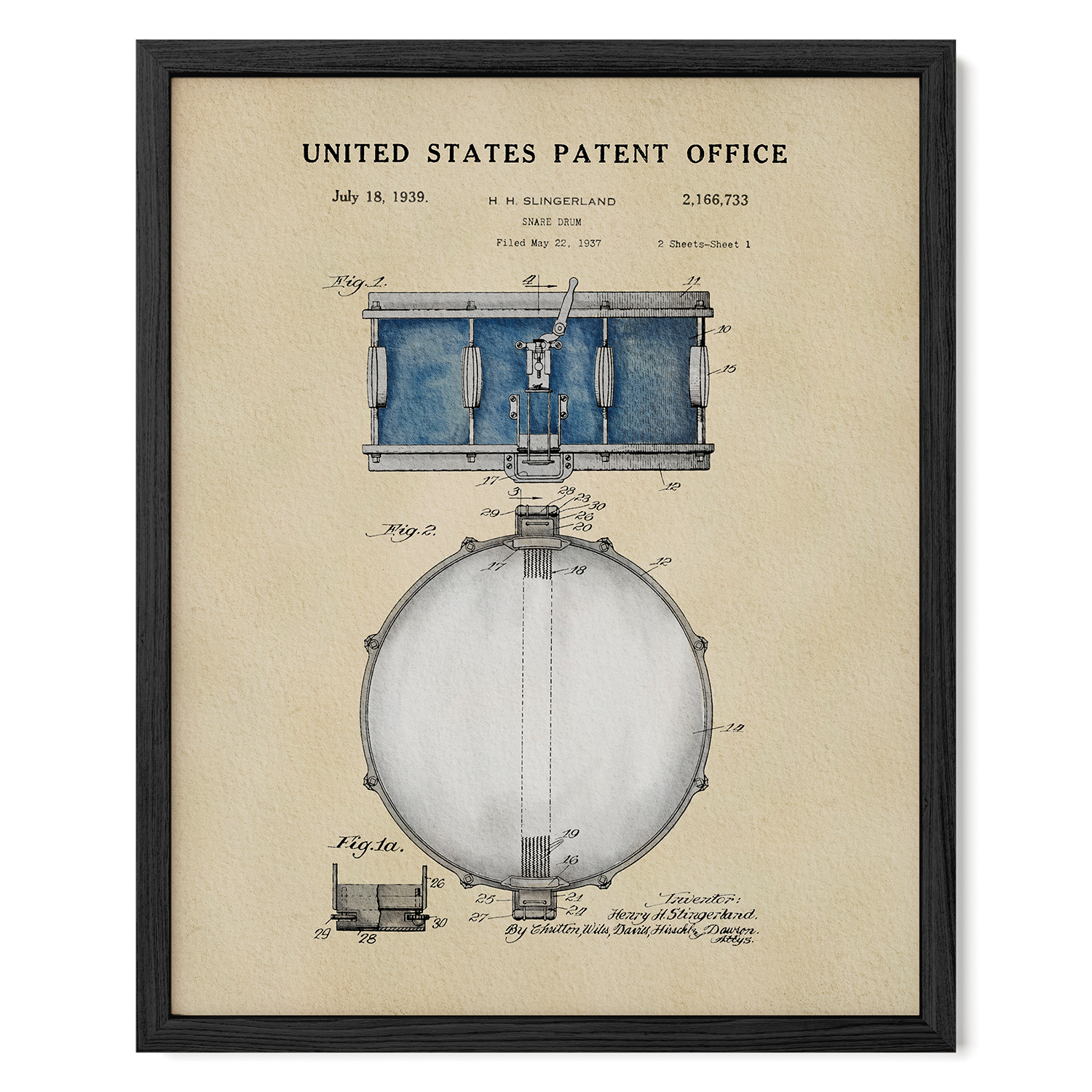 The image is a framed patent drawing from the United States Patent Office, depicting a drum or musical instrument.