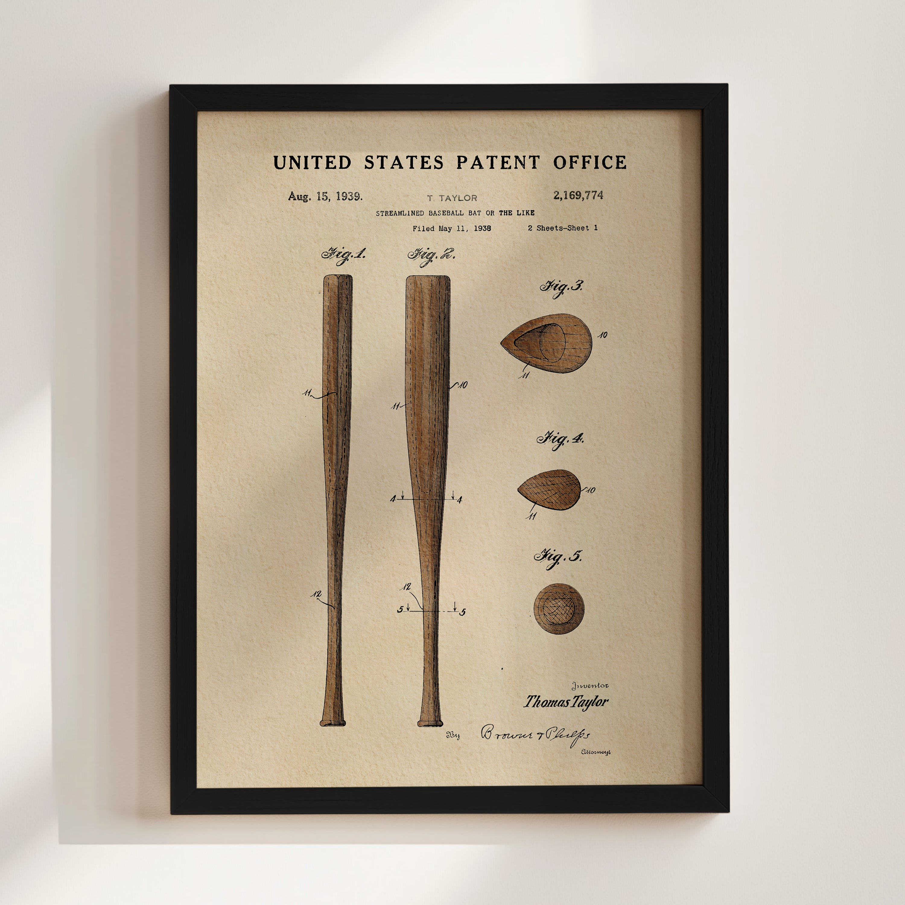 The image is a framed patent drawing of a baseball bat from the United States Patent Office, dated August 15, 1939.
