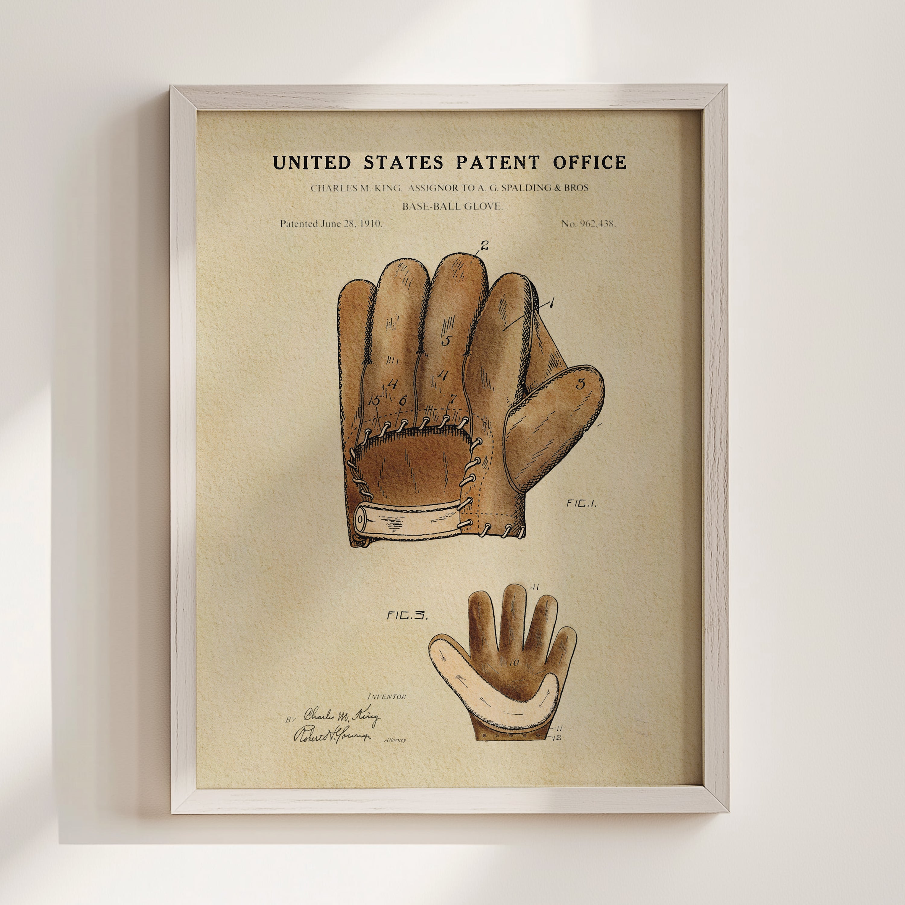 The image is a framed print of a baseball glove patent drawing from the United States Patent Office, dated June 26, 1910.