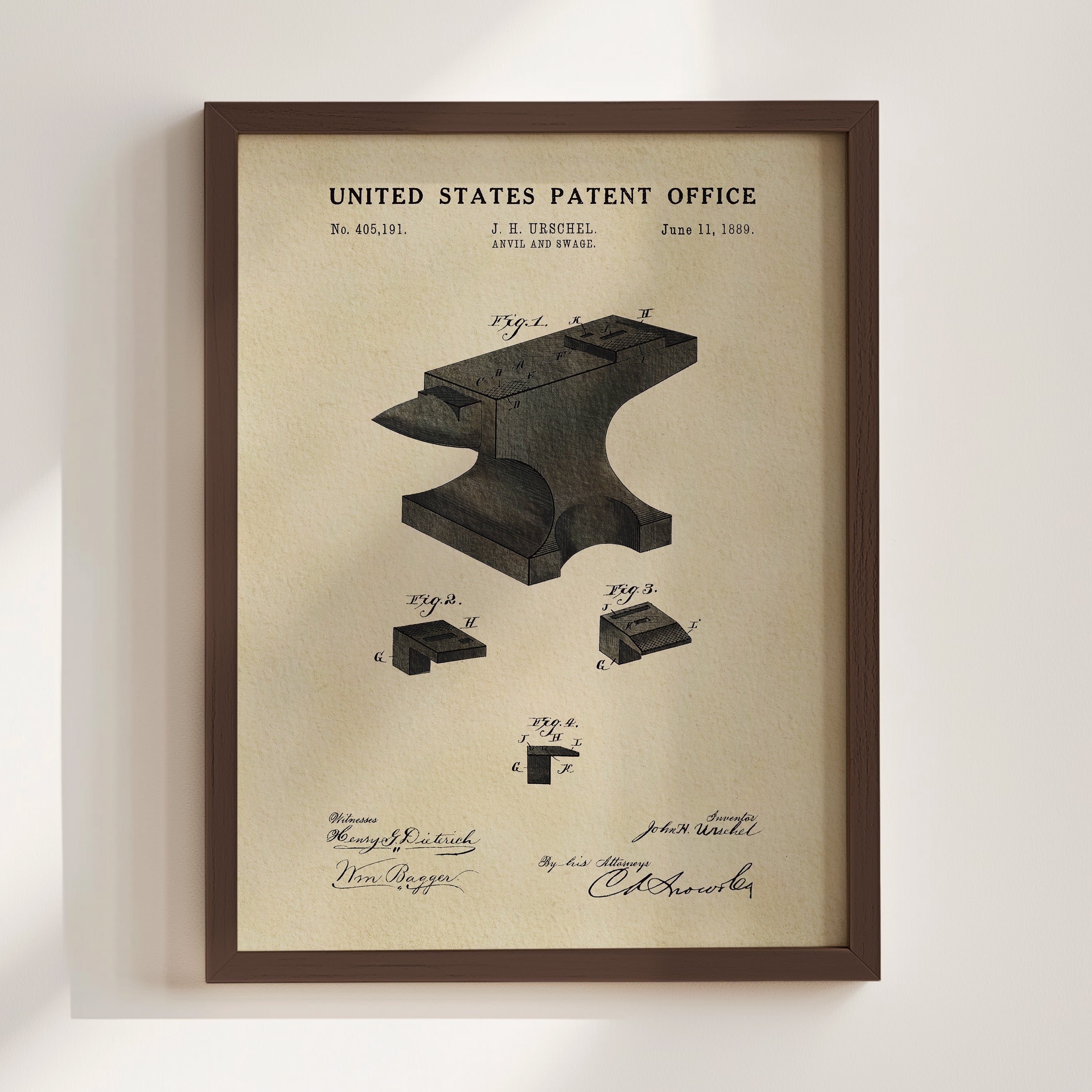 The image is a framed vintage patent drawing depicting a forge or forge-like device, with accompanying technical drawings and annotations.