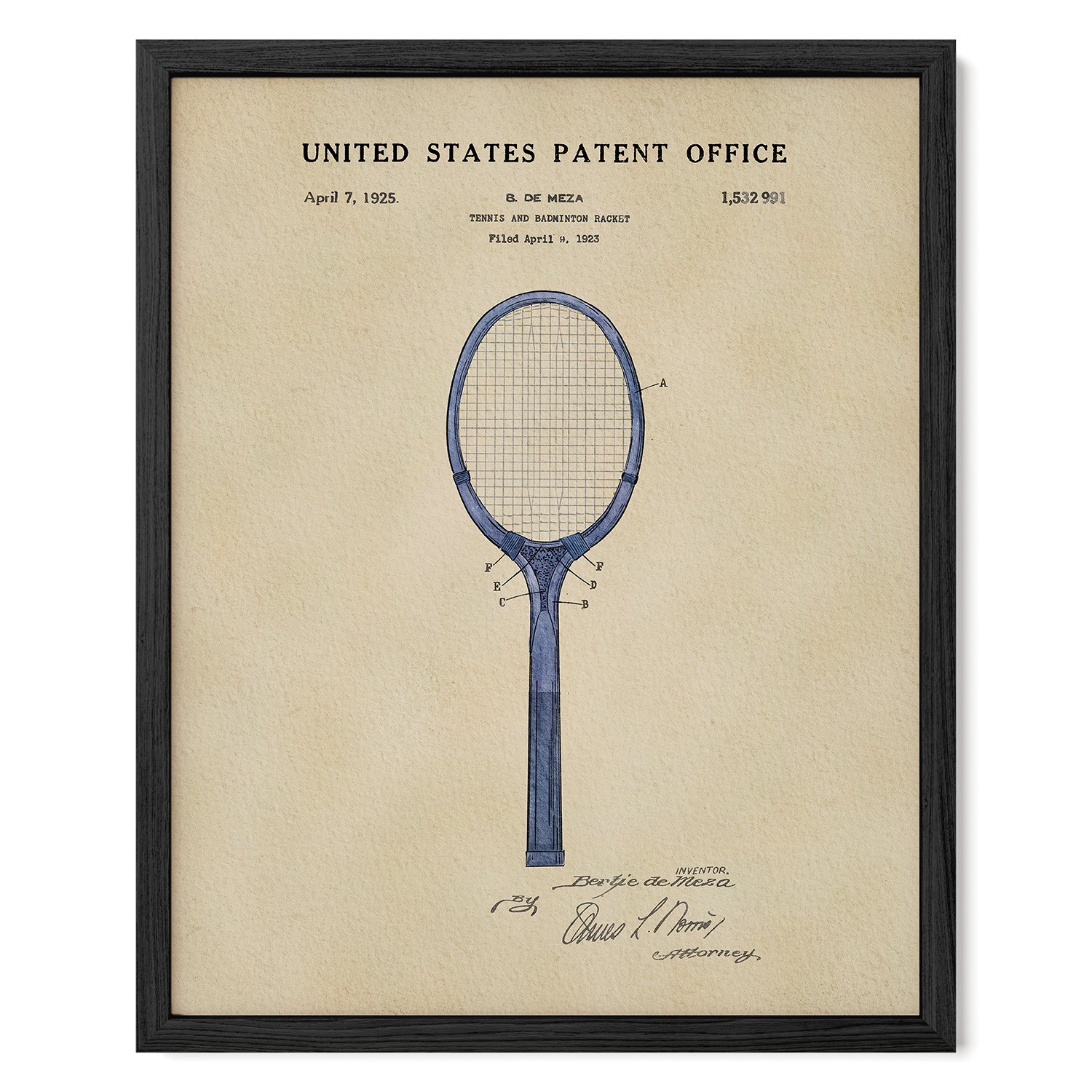 The image is a framed patent drawing of a tennis racket, depicting the design and features of the racket.