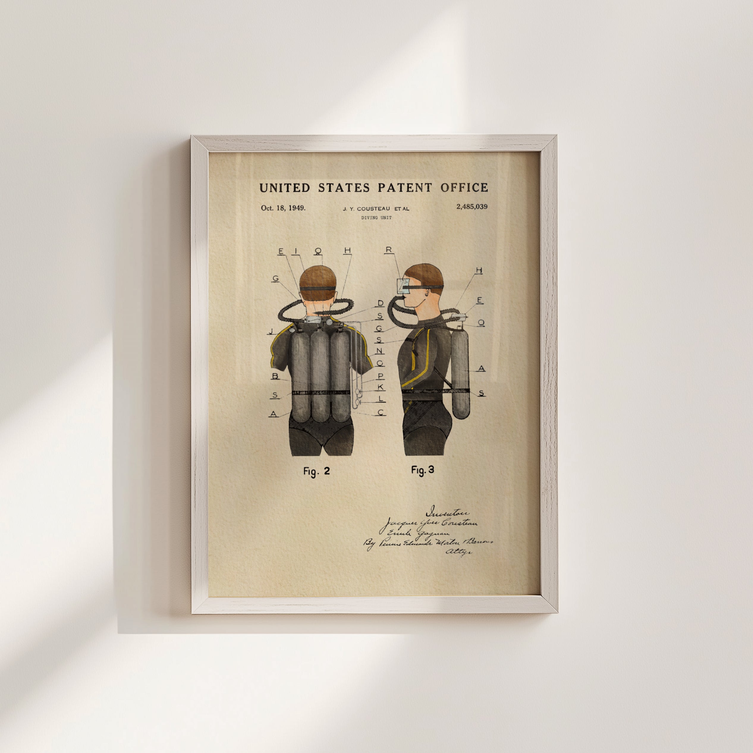 The image is a framed patent drawing depicting a diving suit with various technical drawings and annotations.