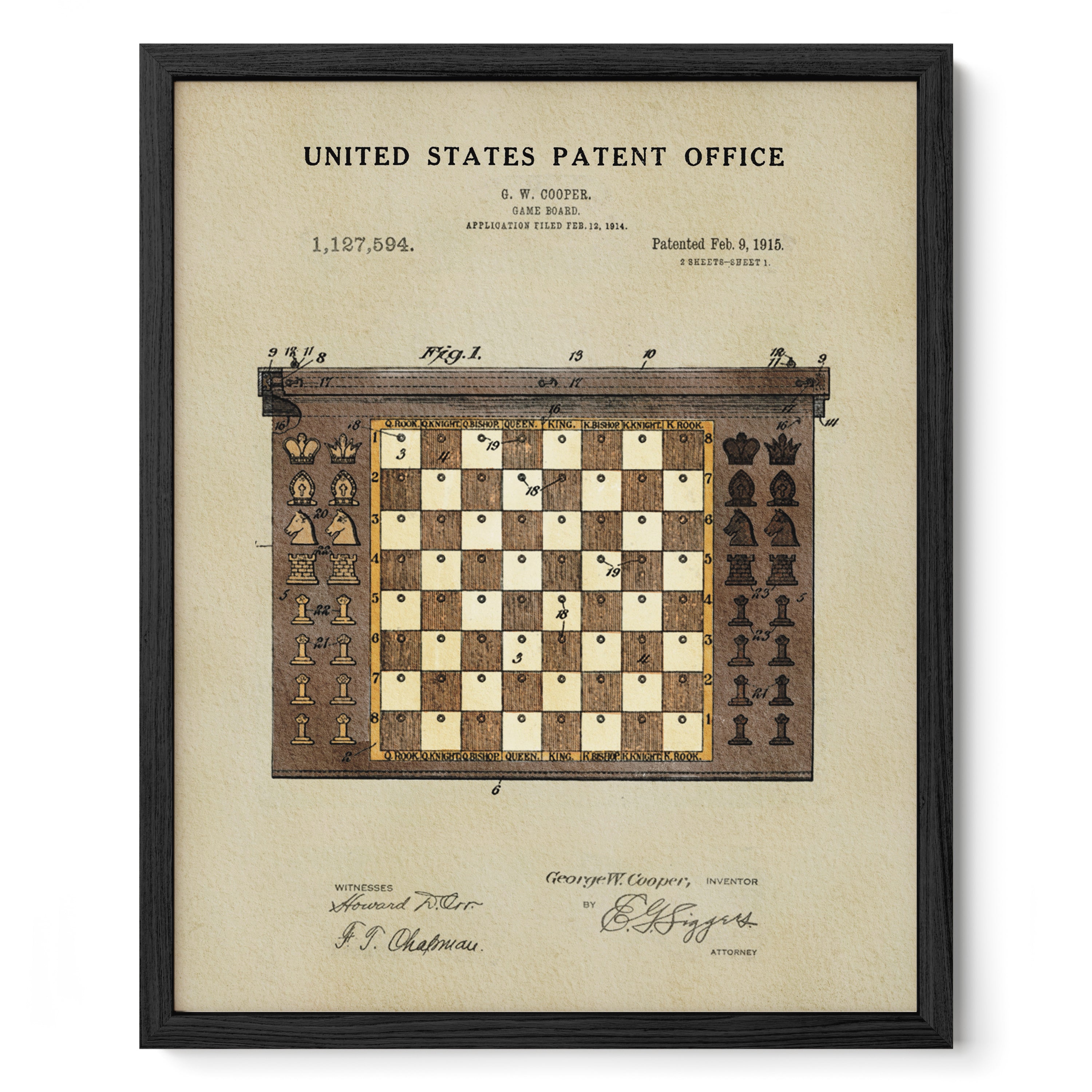 The image is a framed print of a chess board with a patent application from the United States Patent Office dated 1/17, 1904.