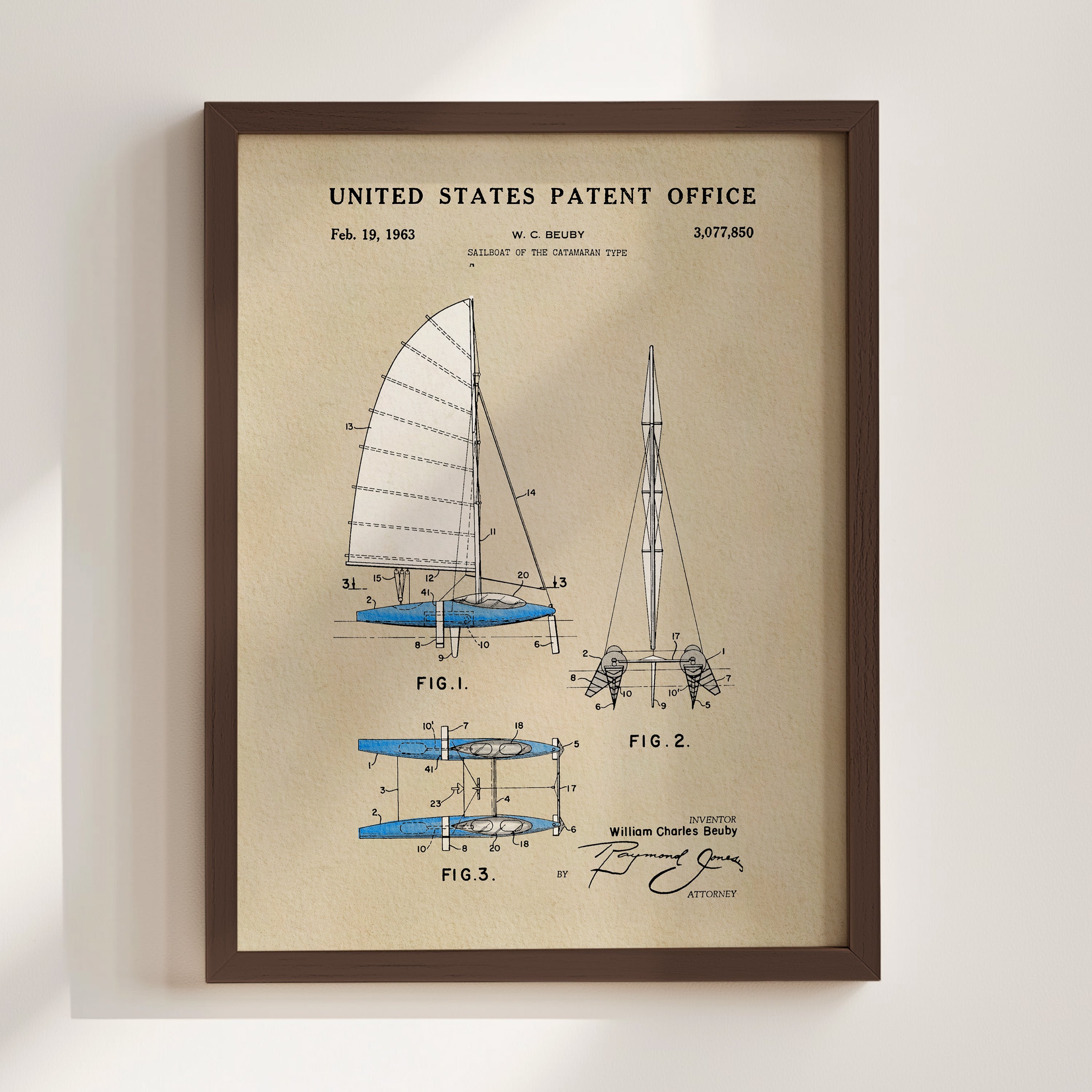 The image is a framed patent drawing depicting a sailboat design from the United States Patent Office.