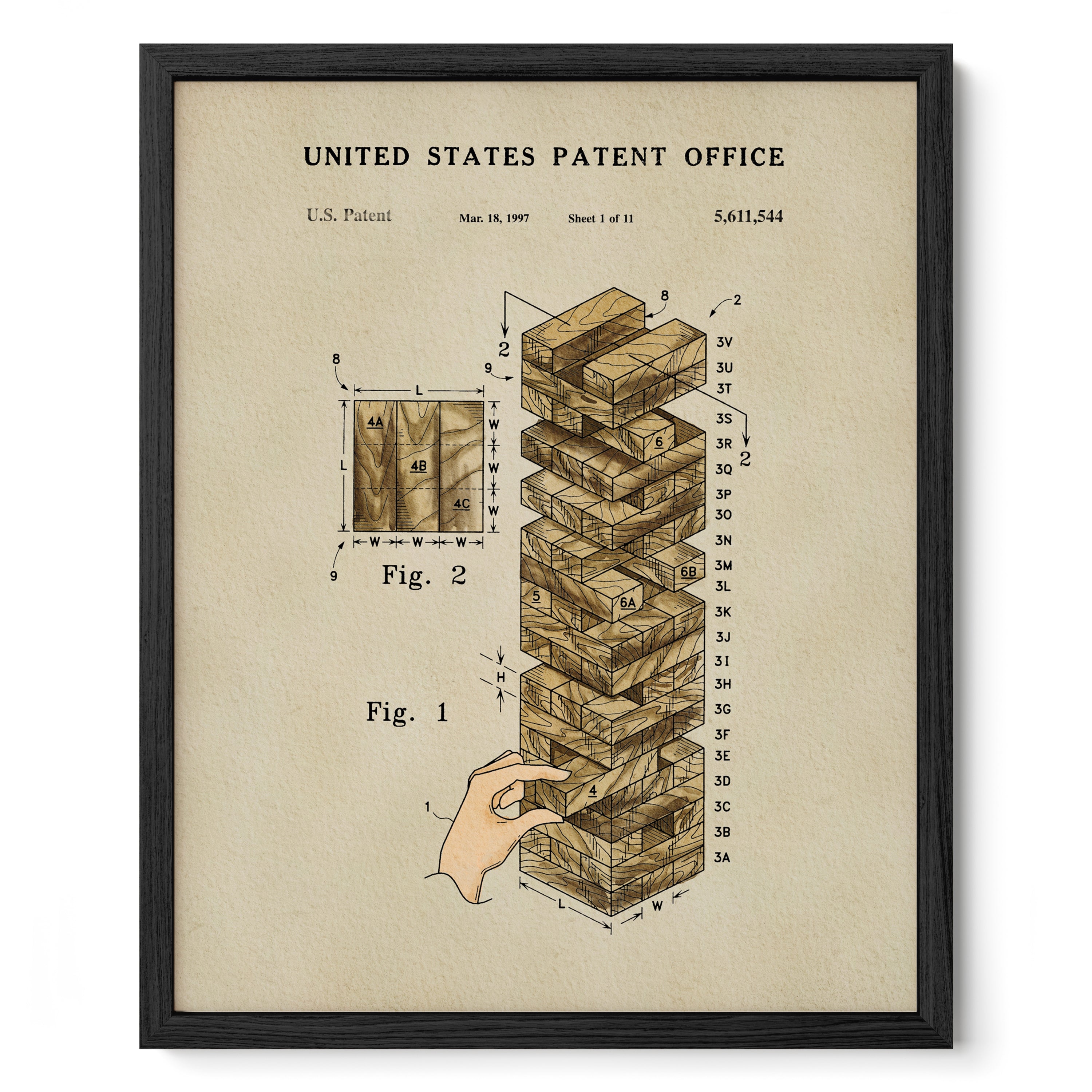 The image is a framed print depicting a patent filing for a Jenga block game. It features a hand reaching for a block, and the title