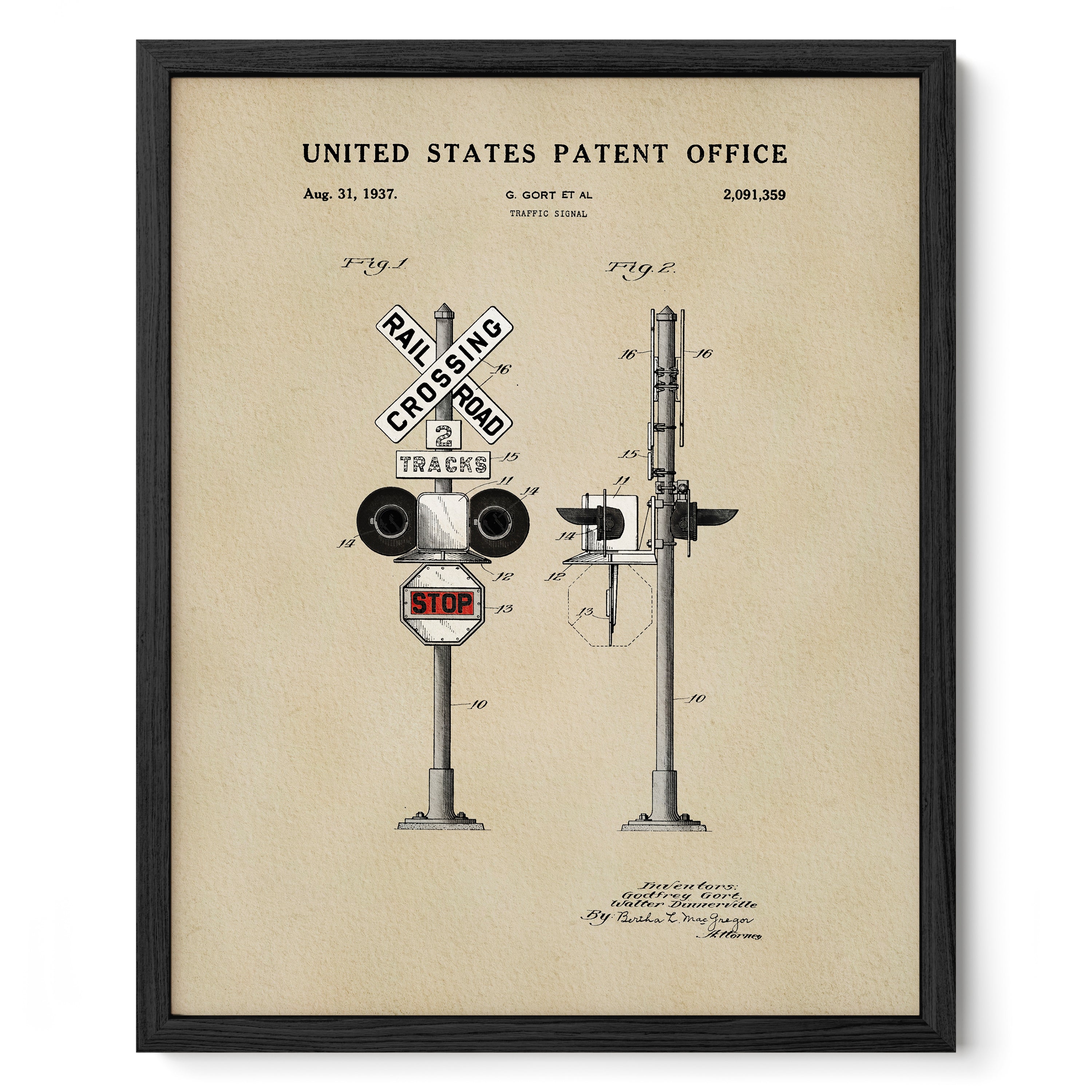 The image is a framed patent drawing depicting a railroad crossing signal, specifically a stop sign.
