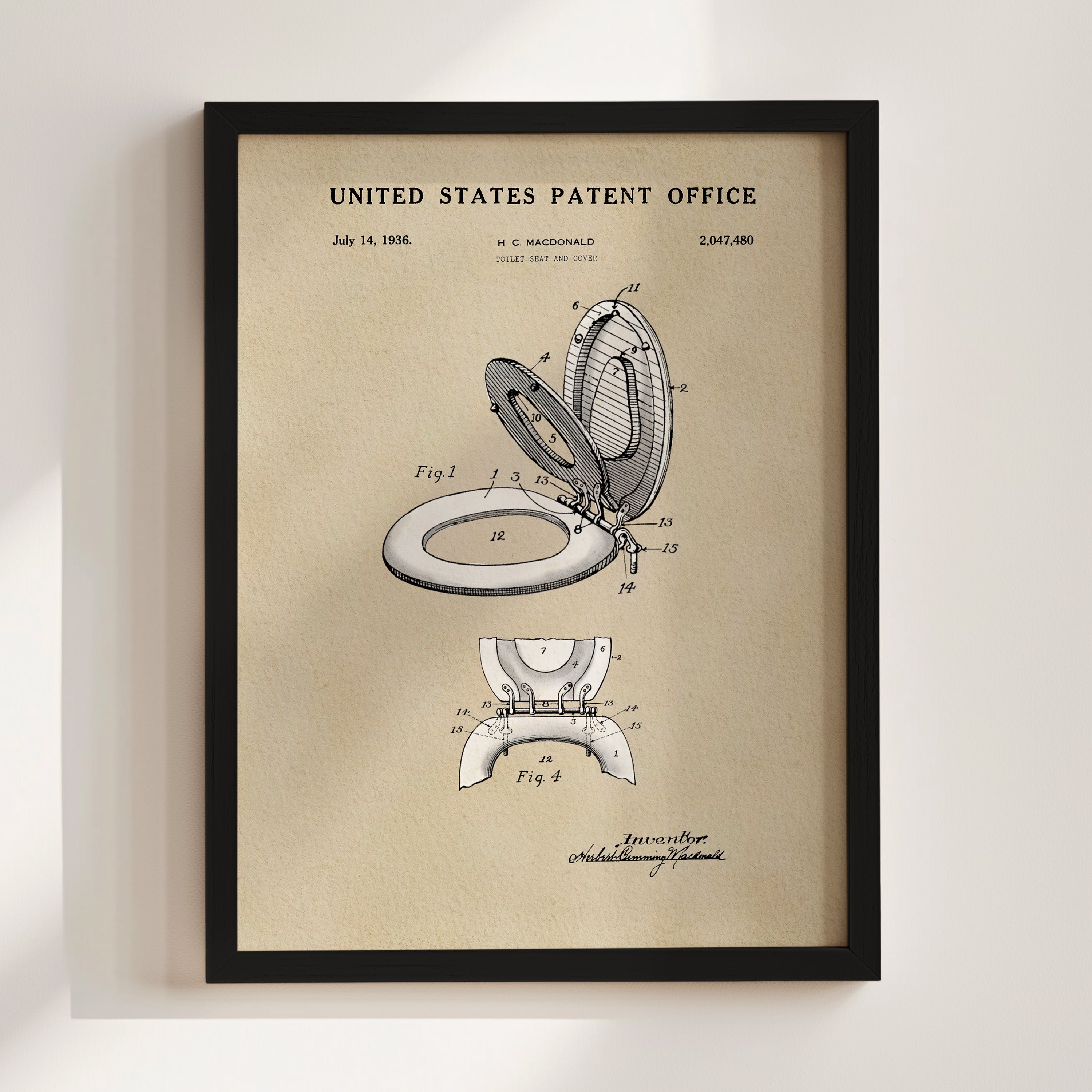 The image is a framed patent drawing of a toilet from the United States Patent Office, dated July 14, 1926.