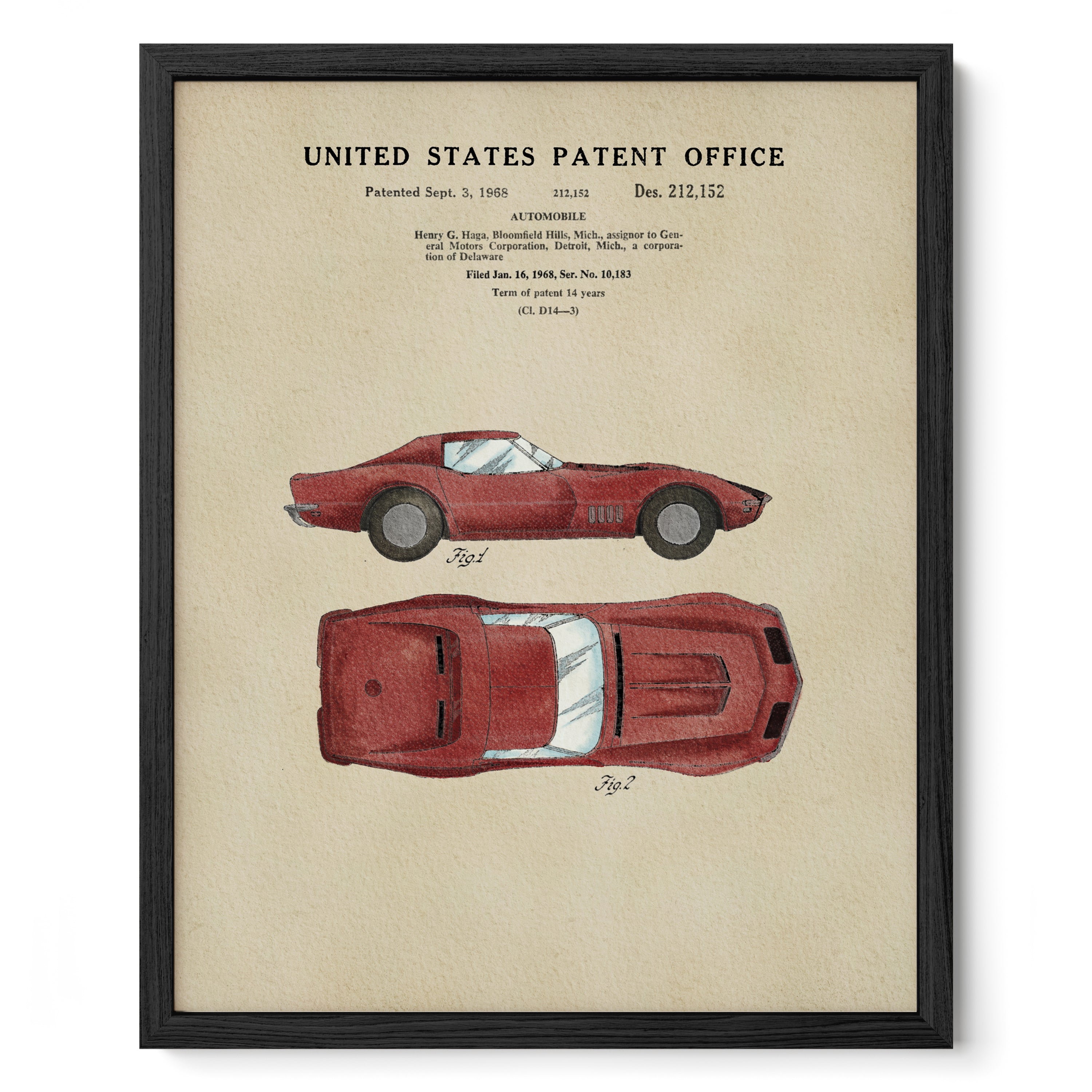 The image is a framed print of a United States patent office patent from 1965, featuring a detailed illustration of a red sports car.
