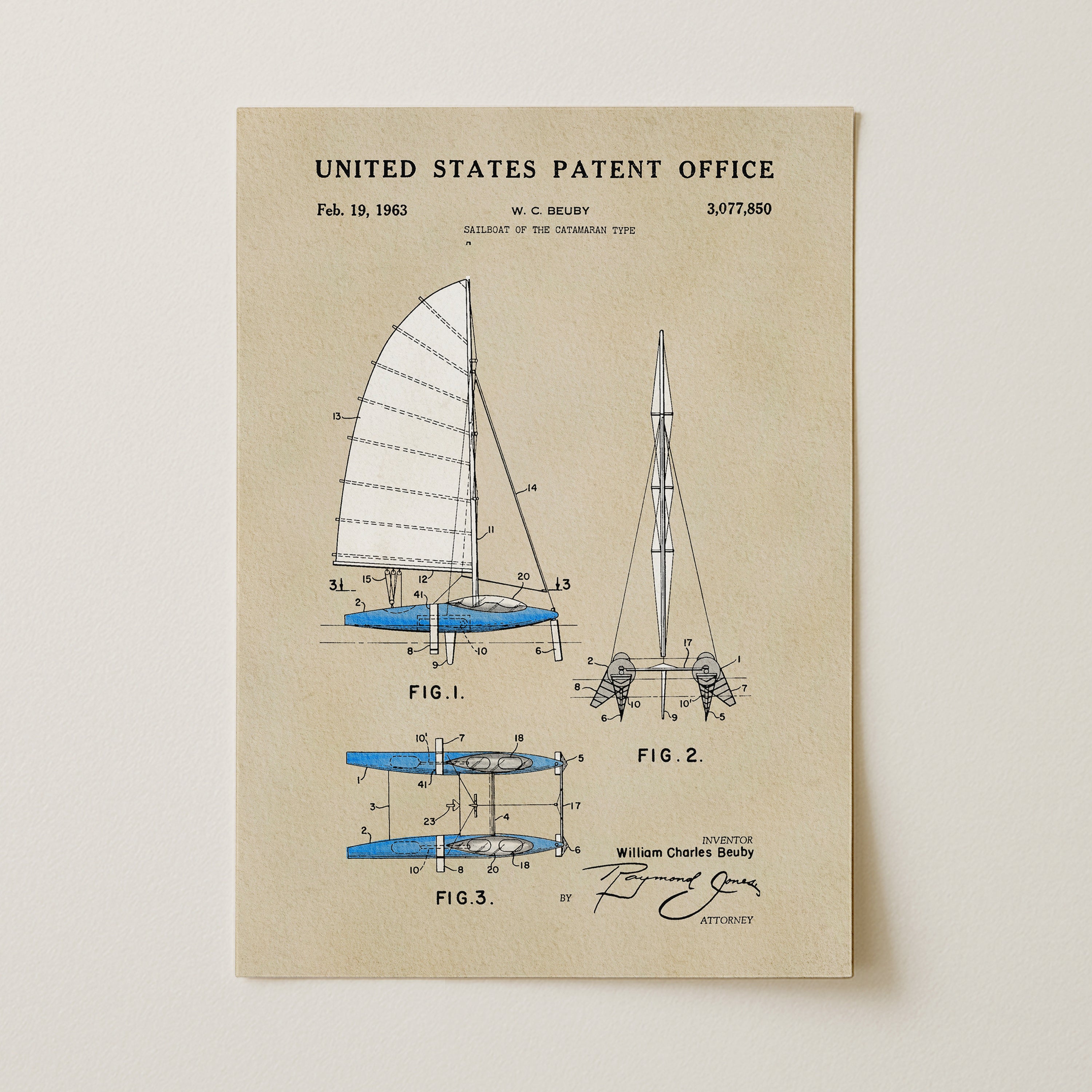 The image is a patent drawing from the United States Patent Office, depicting a sailboat design from February 19, 1963.