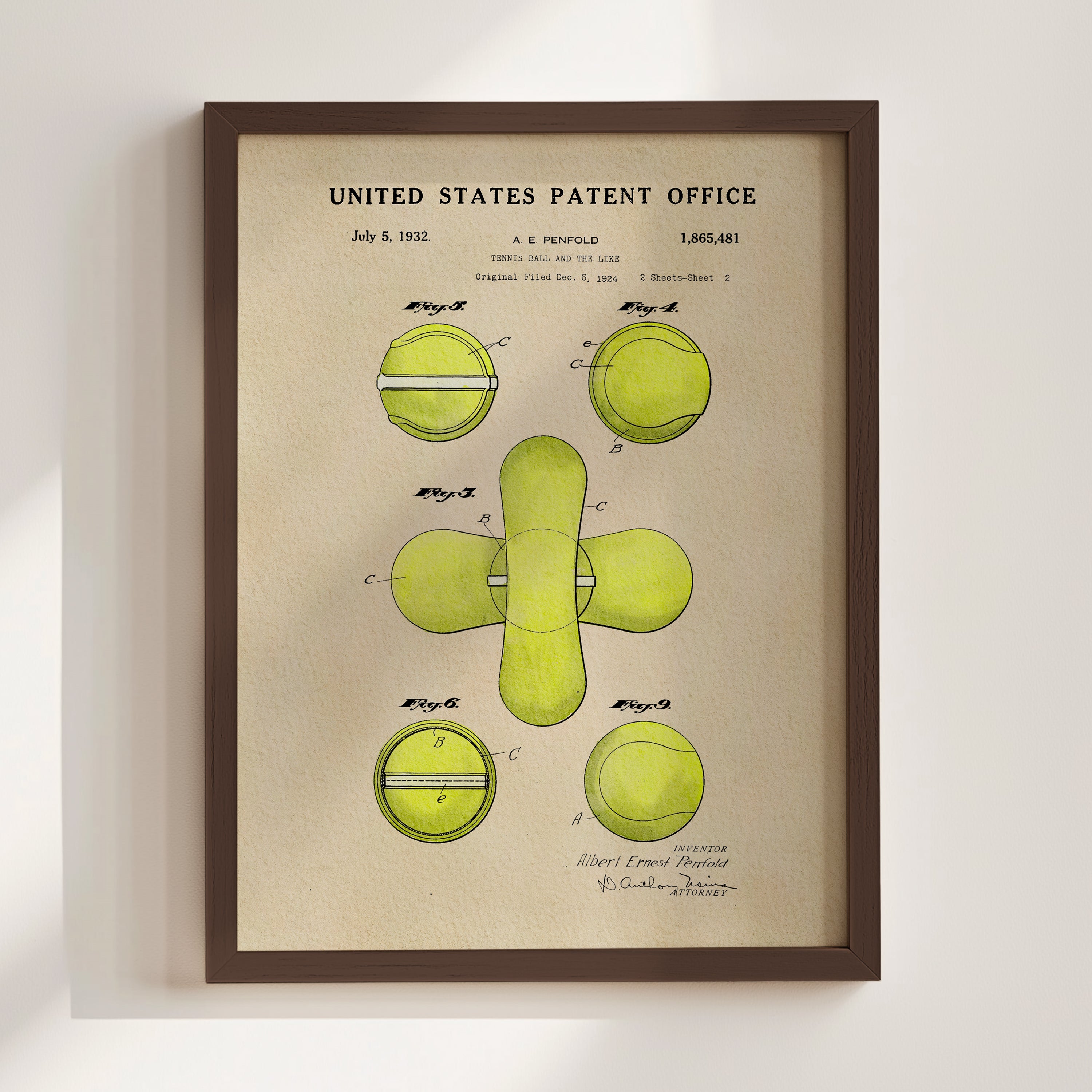 The image is a framed print of a patent drawing from July 5, 1932, depicting a tennis ball and racket.