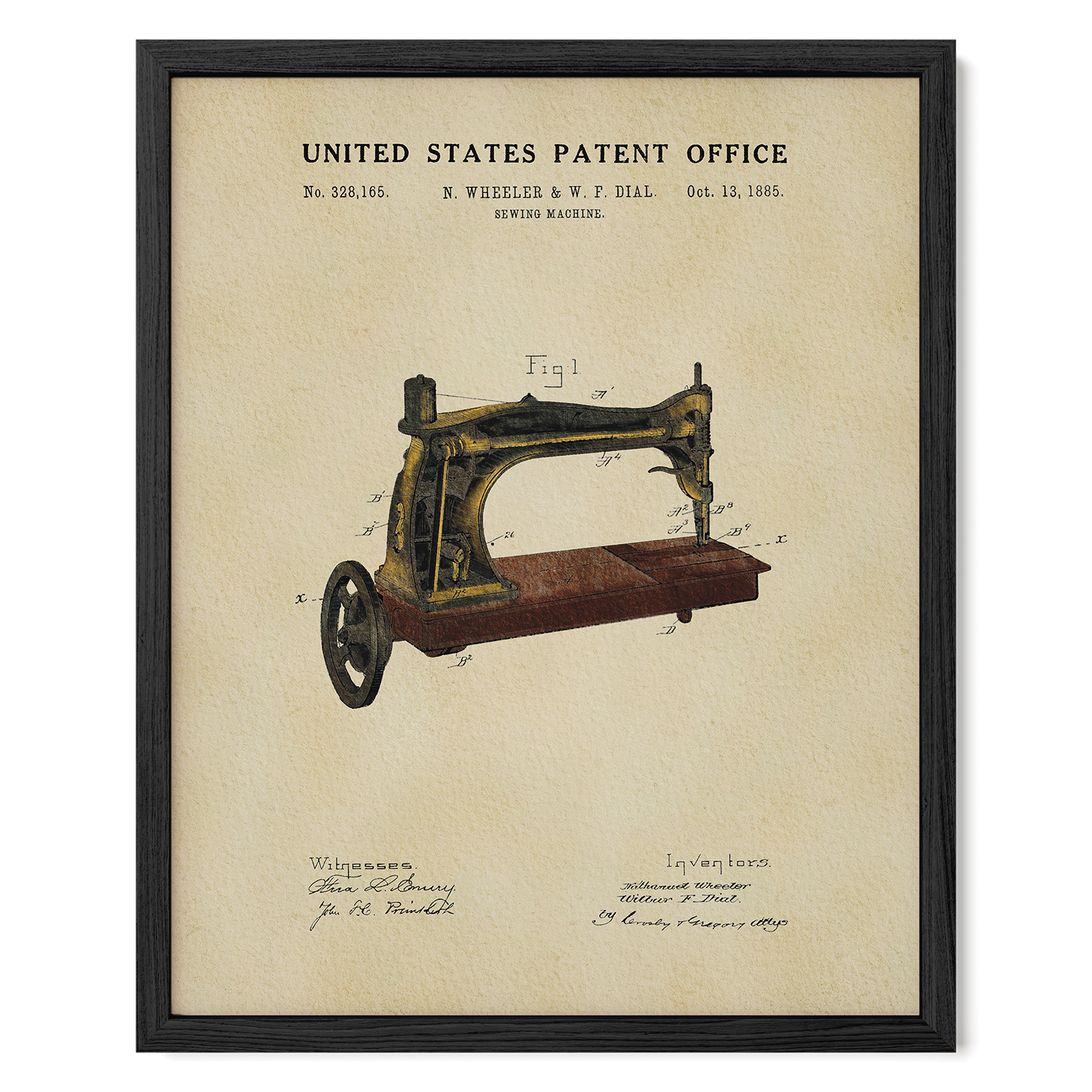 The image is a framed print of a sewing machine patent from the United States Patent Office, dated October 13, 1885.