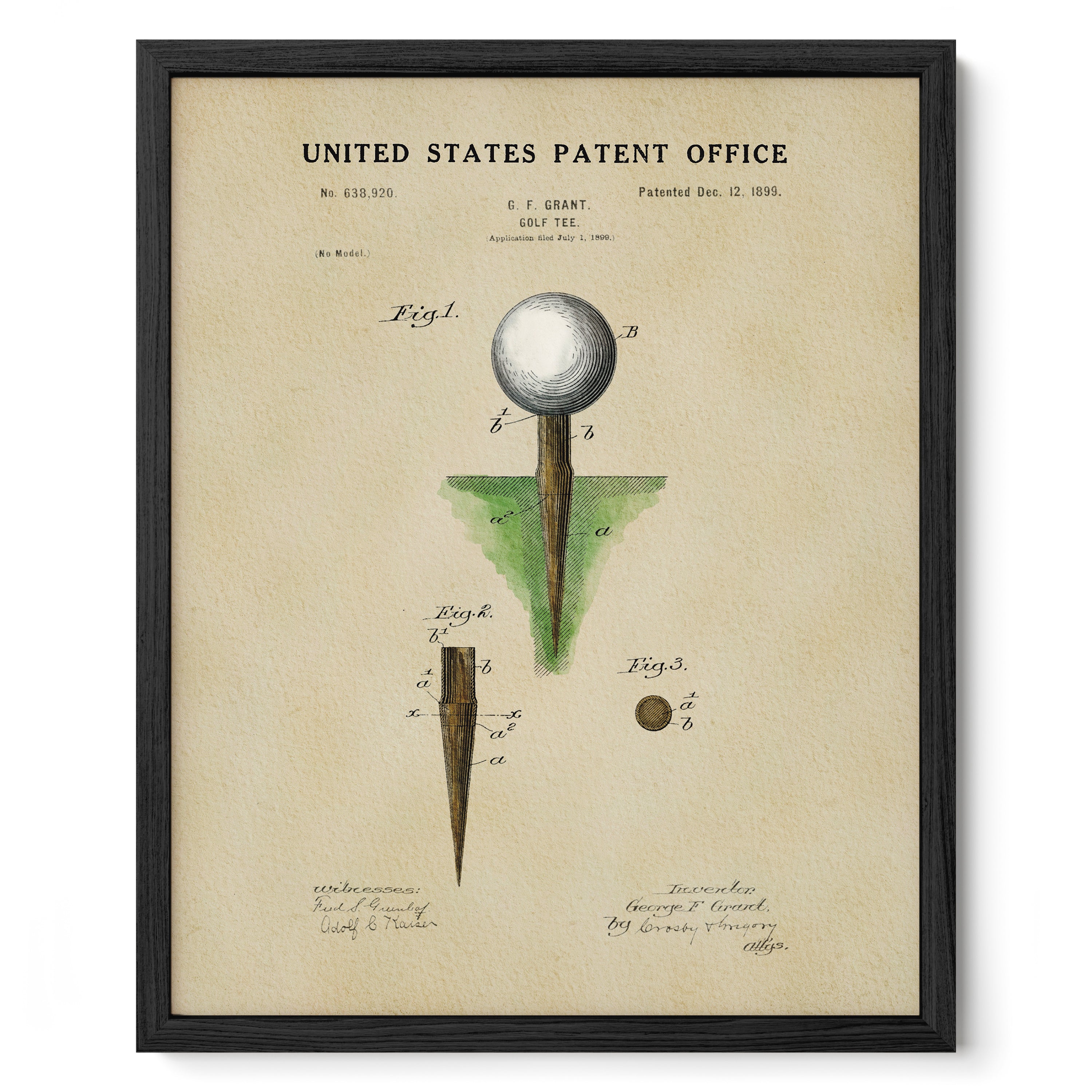The image is a framed print of a United States patent office patent from December, 1859, for a golf club tee.