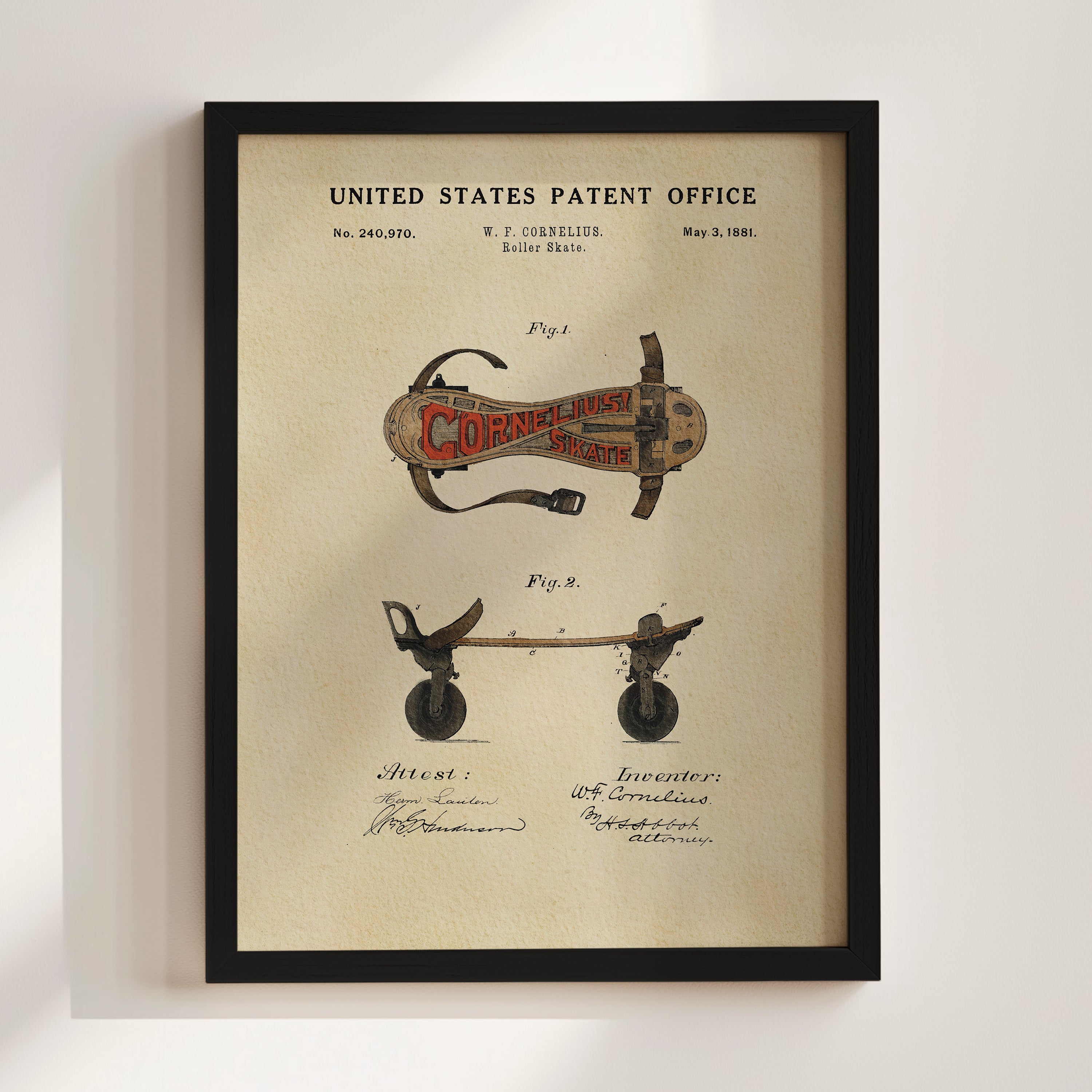 The image is a framed patent drawing depicting a roller skate with a wooden frame and wheels.