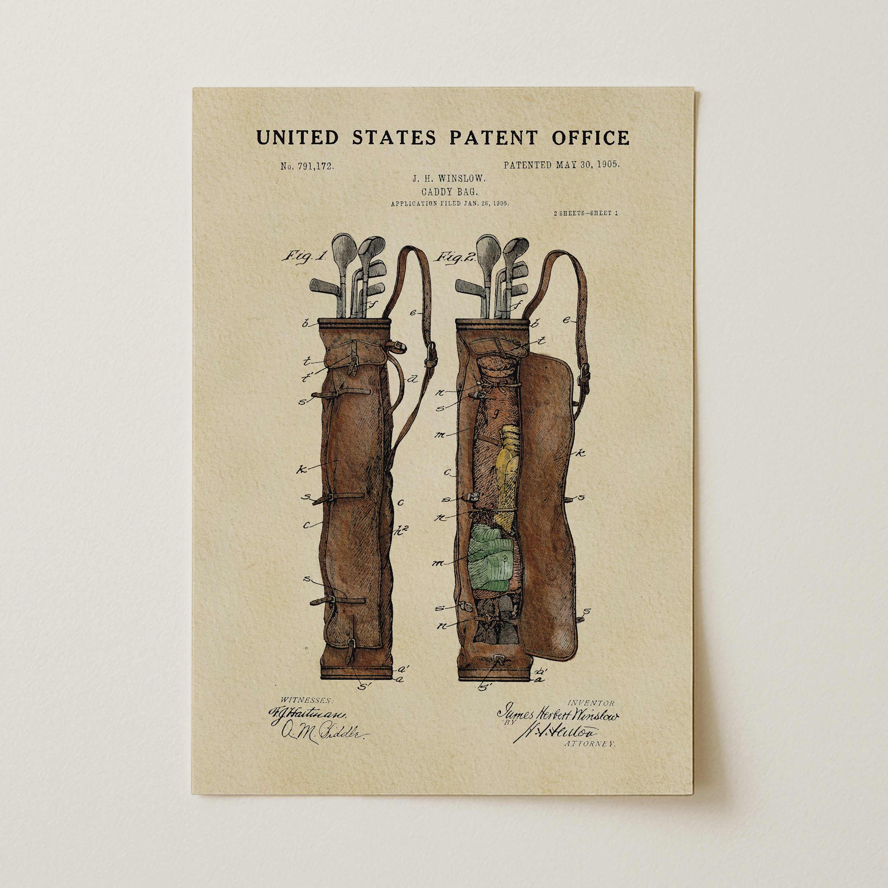 The image is a patent drawing from the United States Patent Office, depicting a golf bag with a detailed illustration of its components.