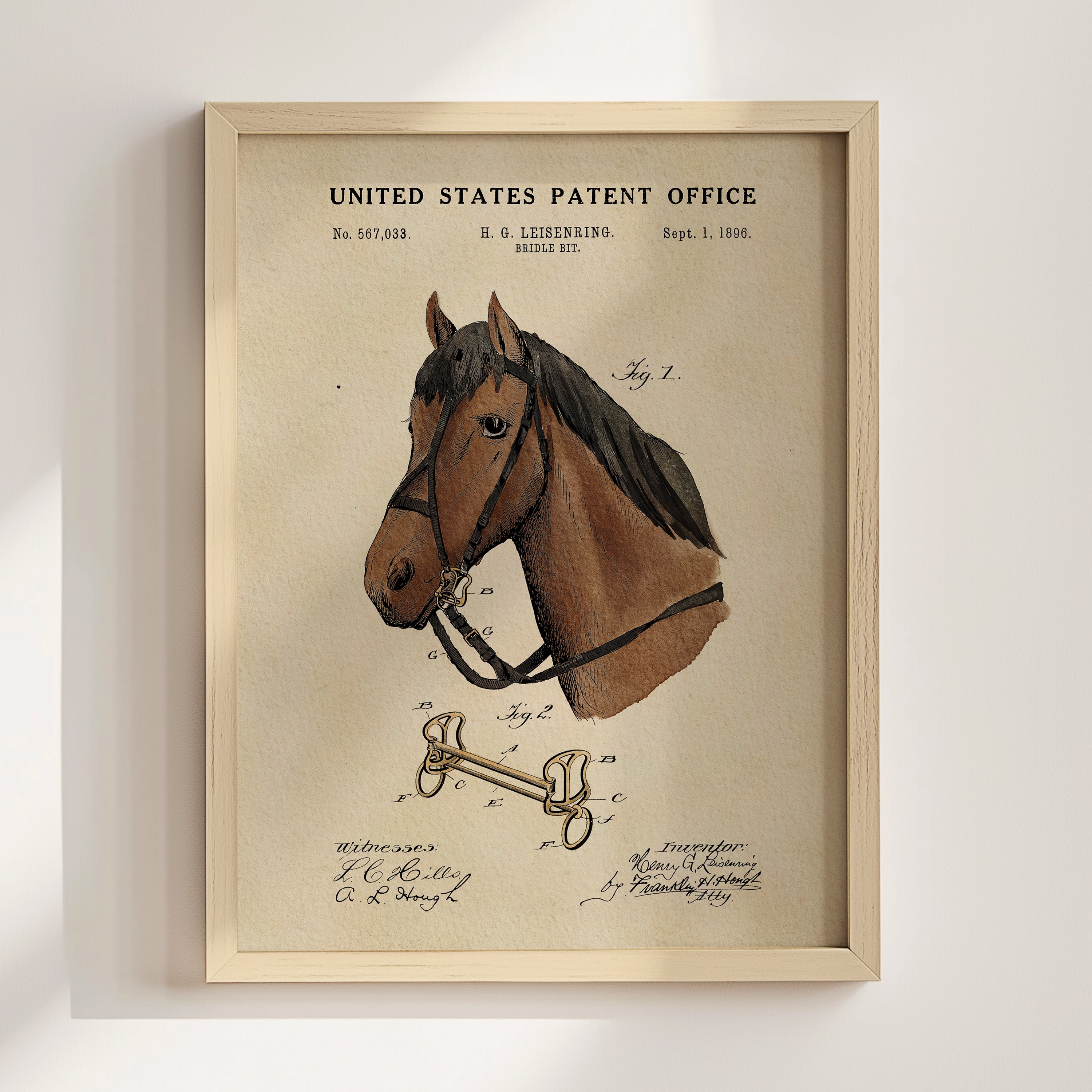 The image is a framed print of a horse's head with a harness, depicting a patent invention from the United States Patent Office.