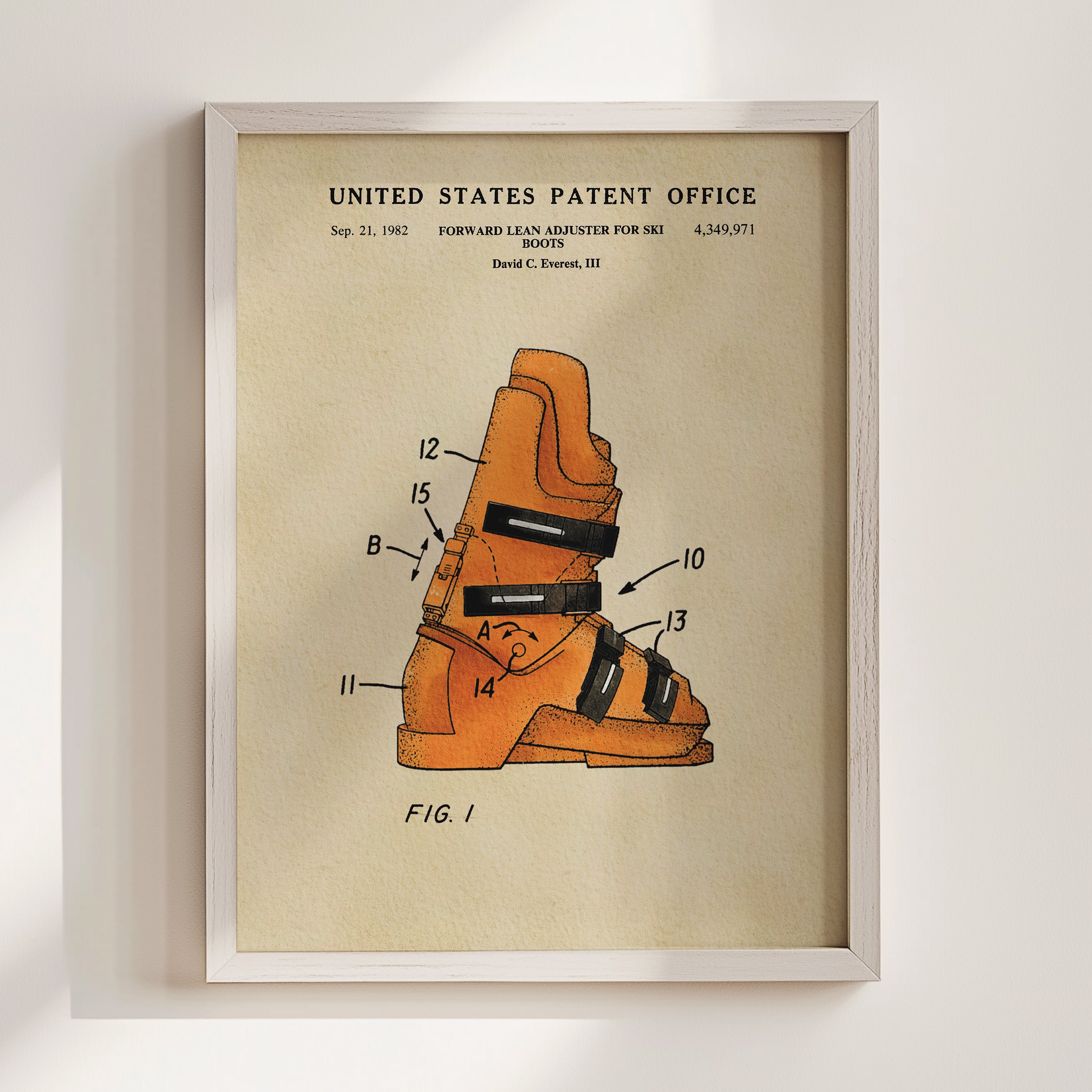 The image is a framed print of a patent drawing for ski bindings, depicting a pair of ski bindings with various numbered straps and labels.