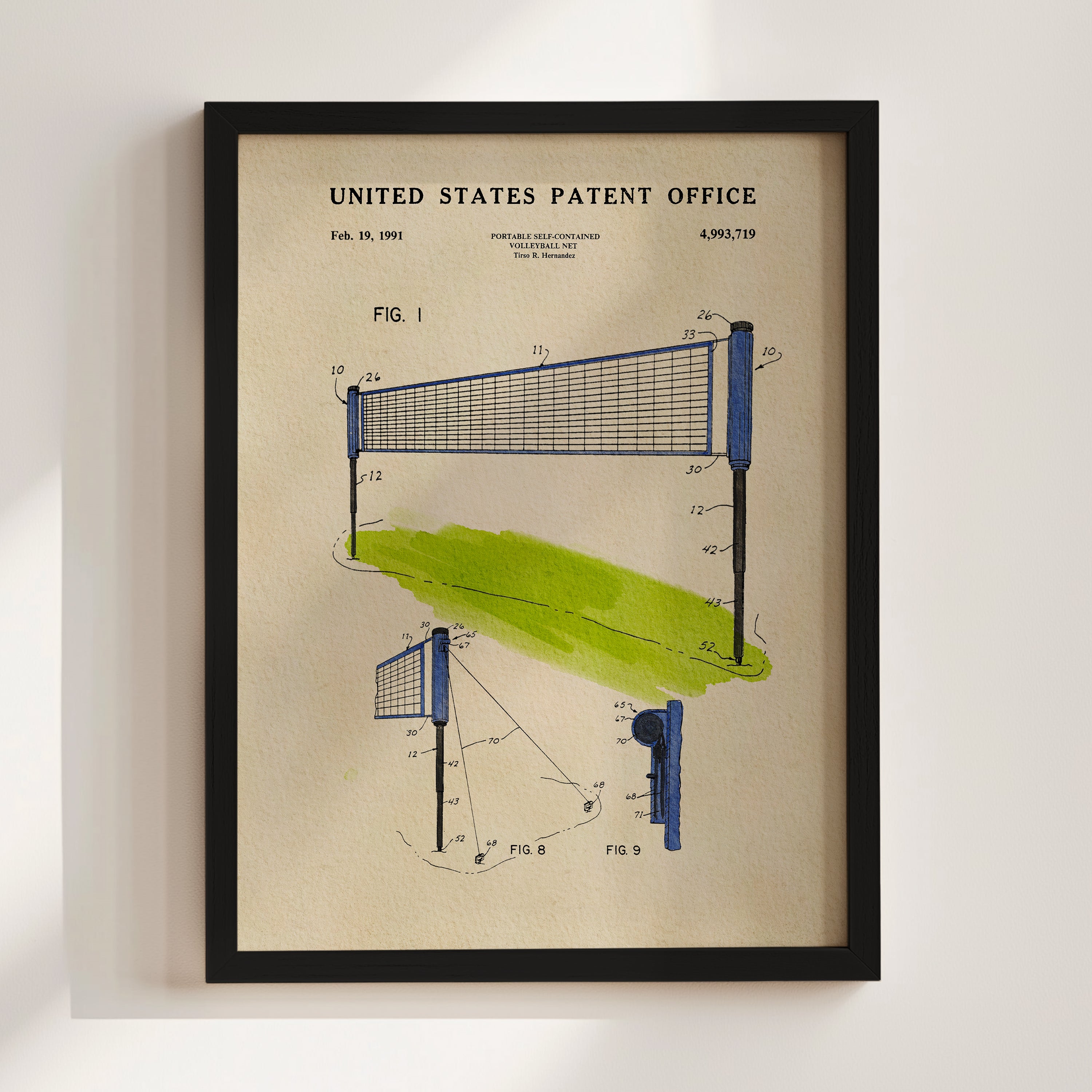 The image is a framed patent drawing of a volleyball net, depicting the net's design and features.