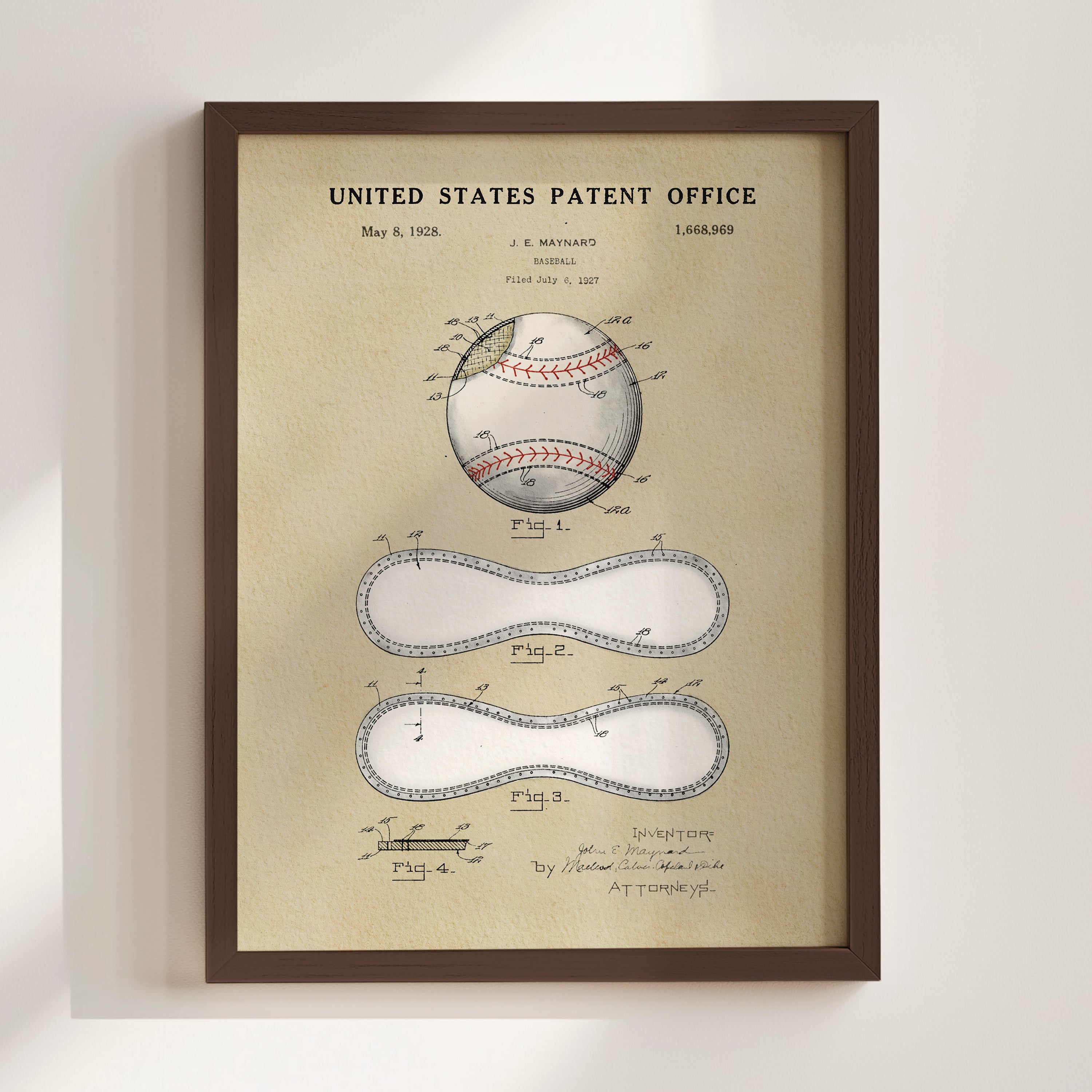 The image is a framed print of a baseball-related patent drawing from 1920, depicting a baseball and a baseball cleat.