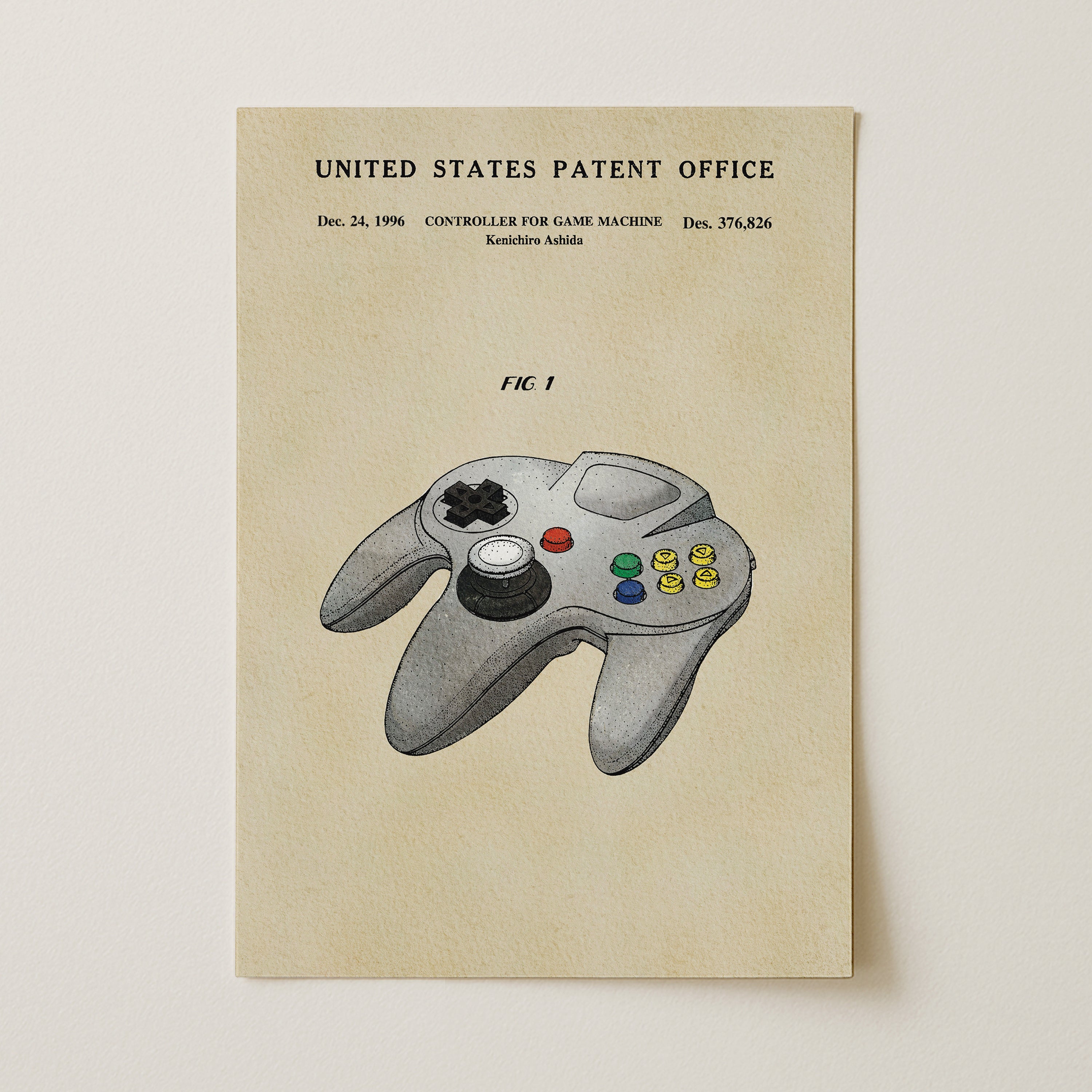 The image is a patent application for a Nintendo 64 game machine, dated December 24, 1996, and it features a detailed illustration of the controller.