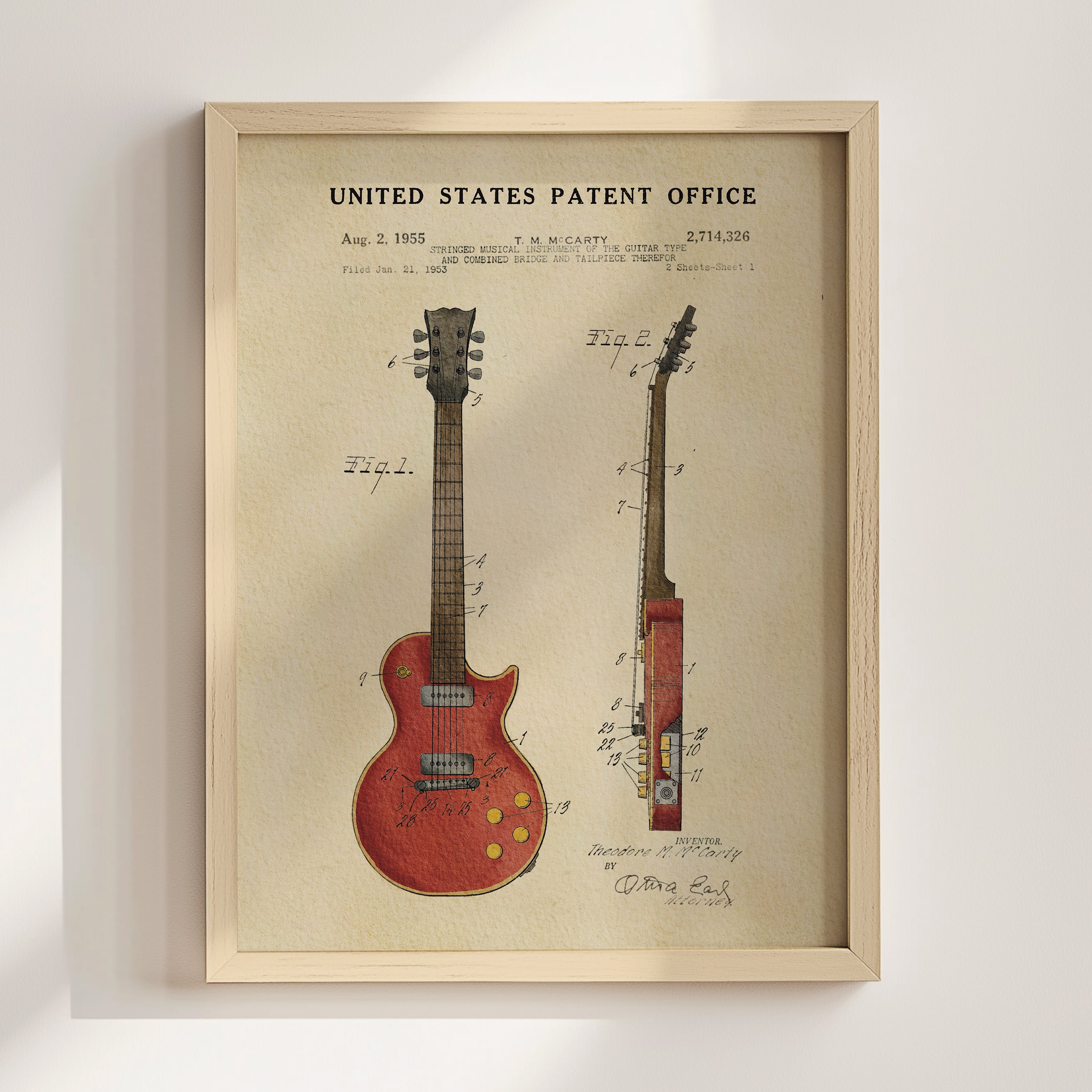 The image is a framed patent drawing of a red electric guitar, depicting the guitar's design and features.