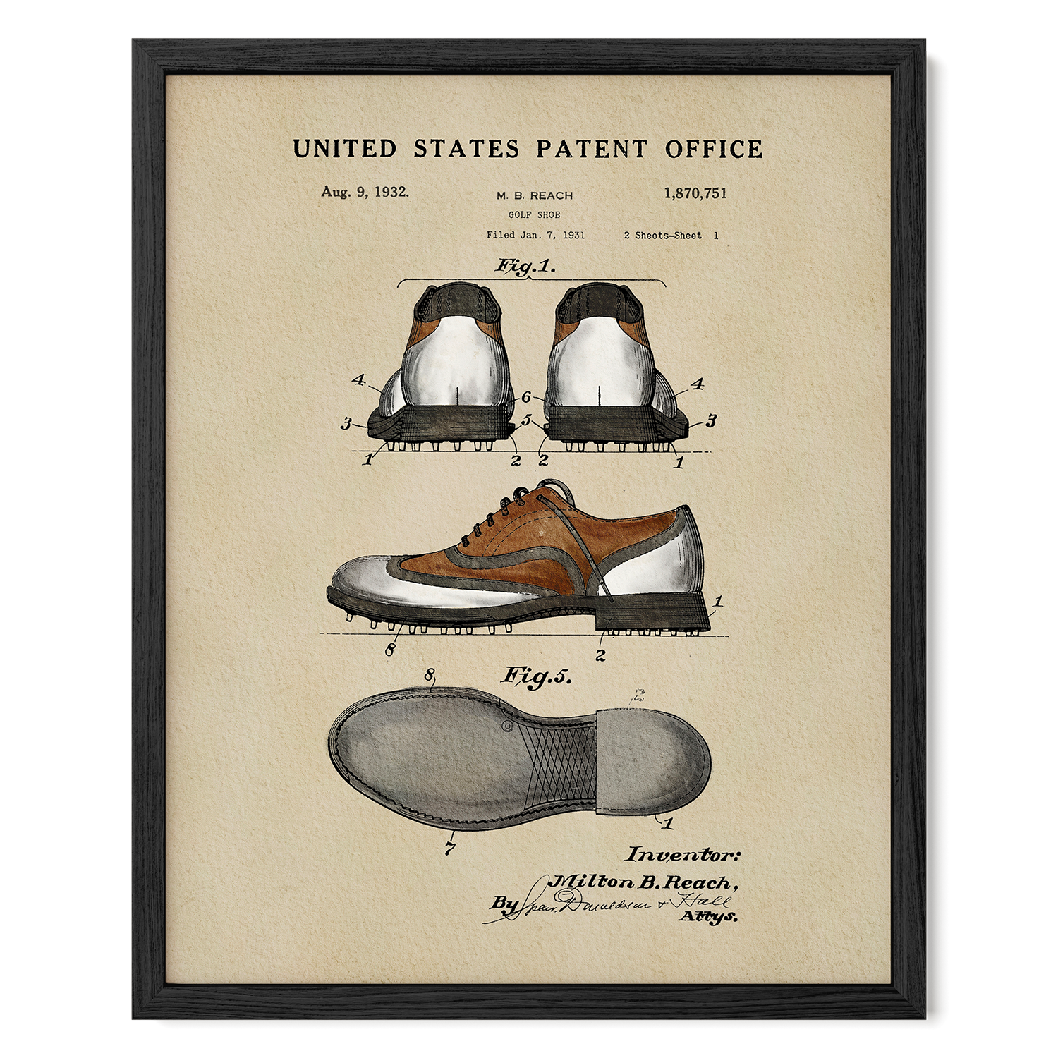 The image is a framed patent drawing depicting a pair of shoes, likely from the early 20th century.
