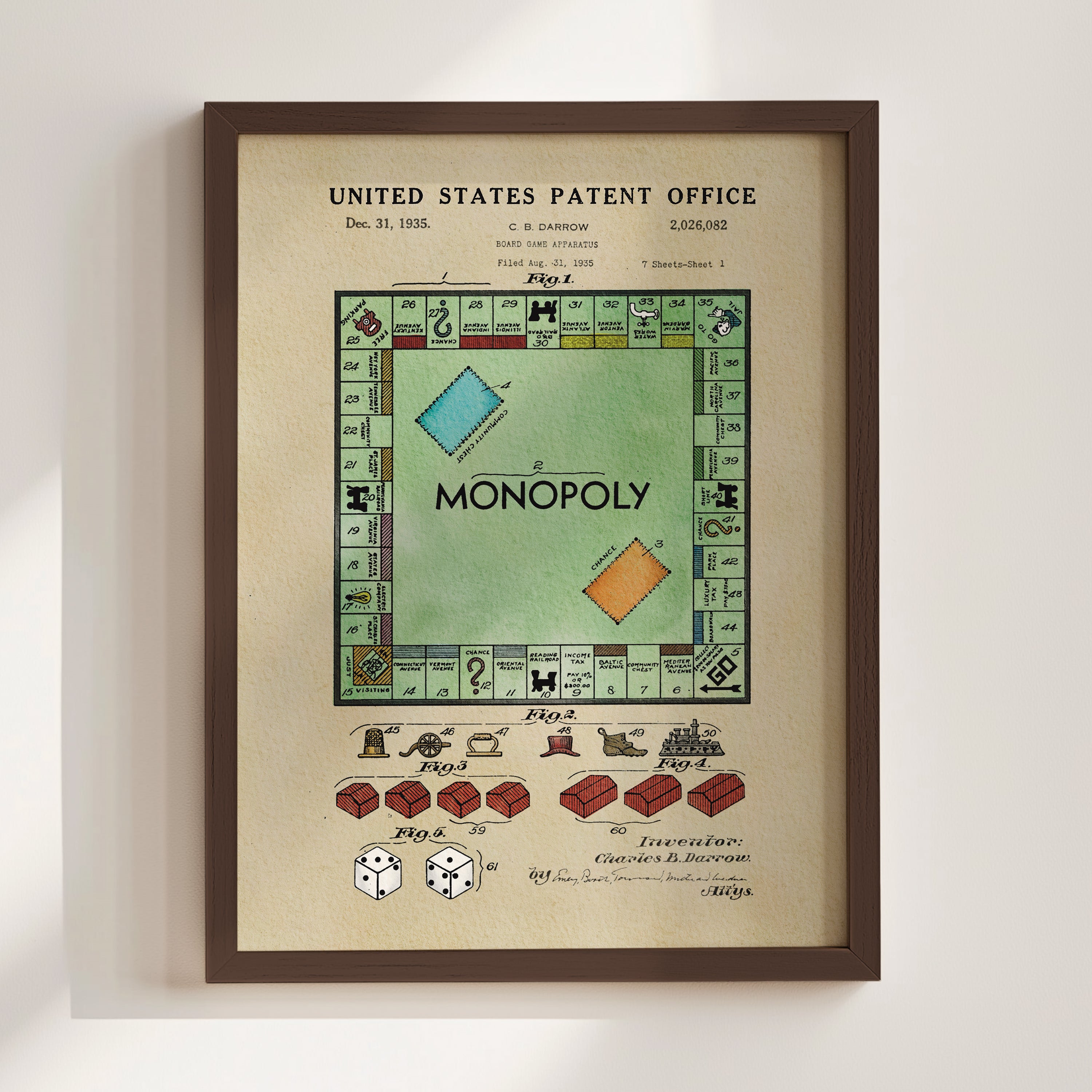 The image is a framed print of the Monopoly board game patent filing dated December 31, 1935, with a detailed illustration of the Monopoly board and its components.