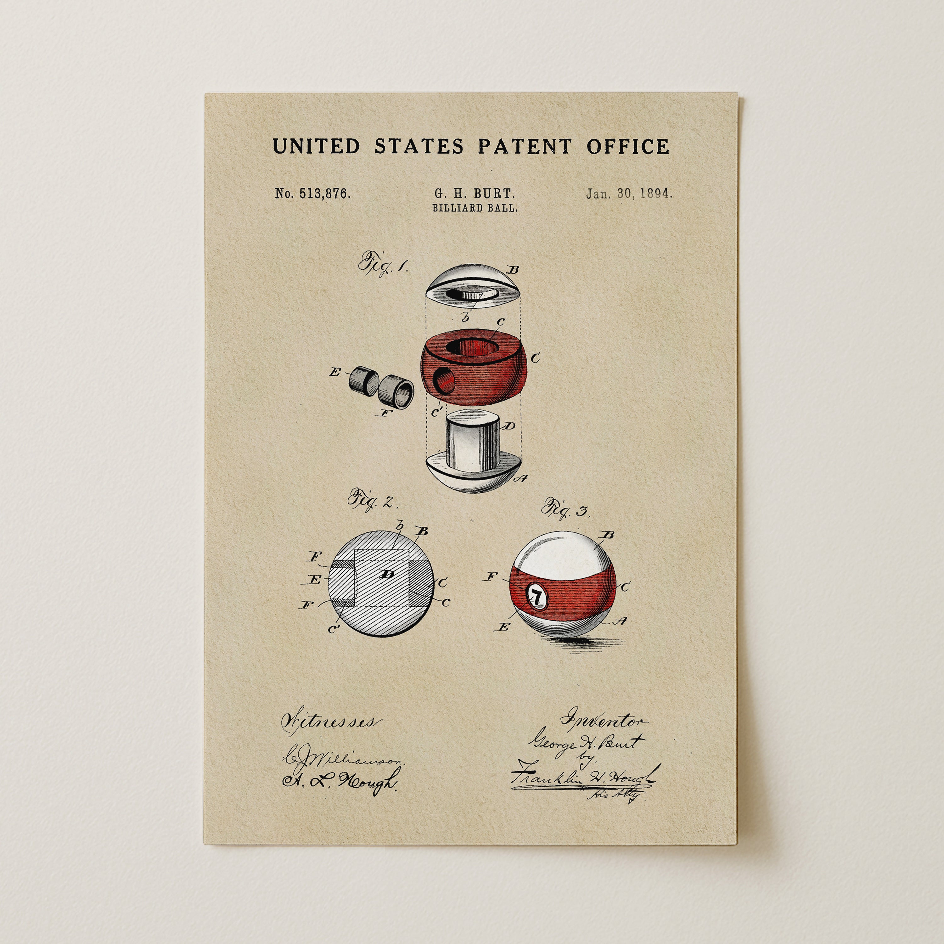 The image is a patent drawing from the United States Patent Office, depicting a red and white ball with a hole in the center, along with other technical drawings and annotations.