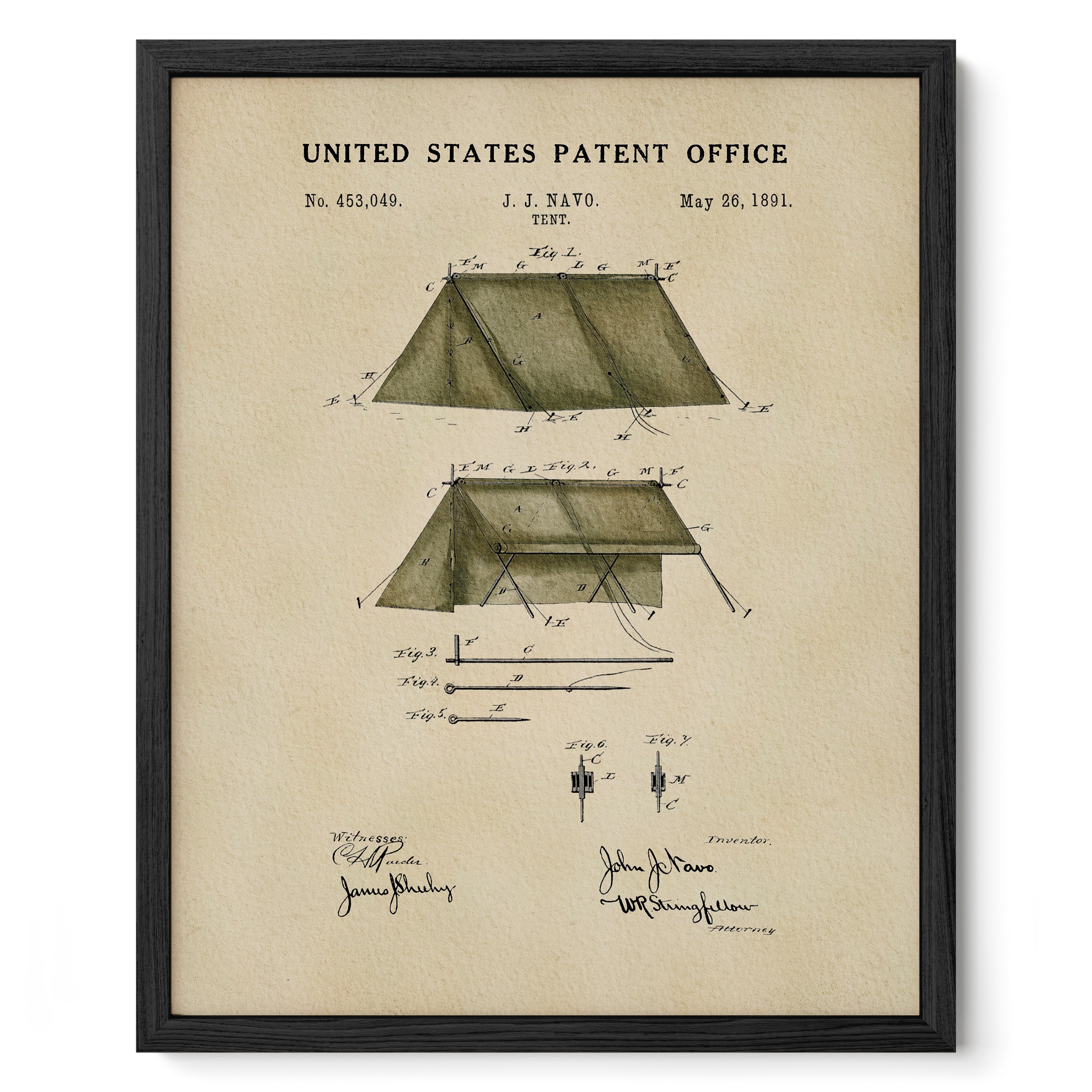 The image is a framed vintage patent drawing of a tent, depicting the design and construction of the tent.