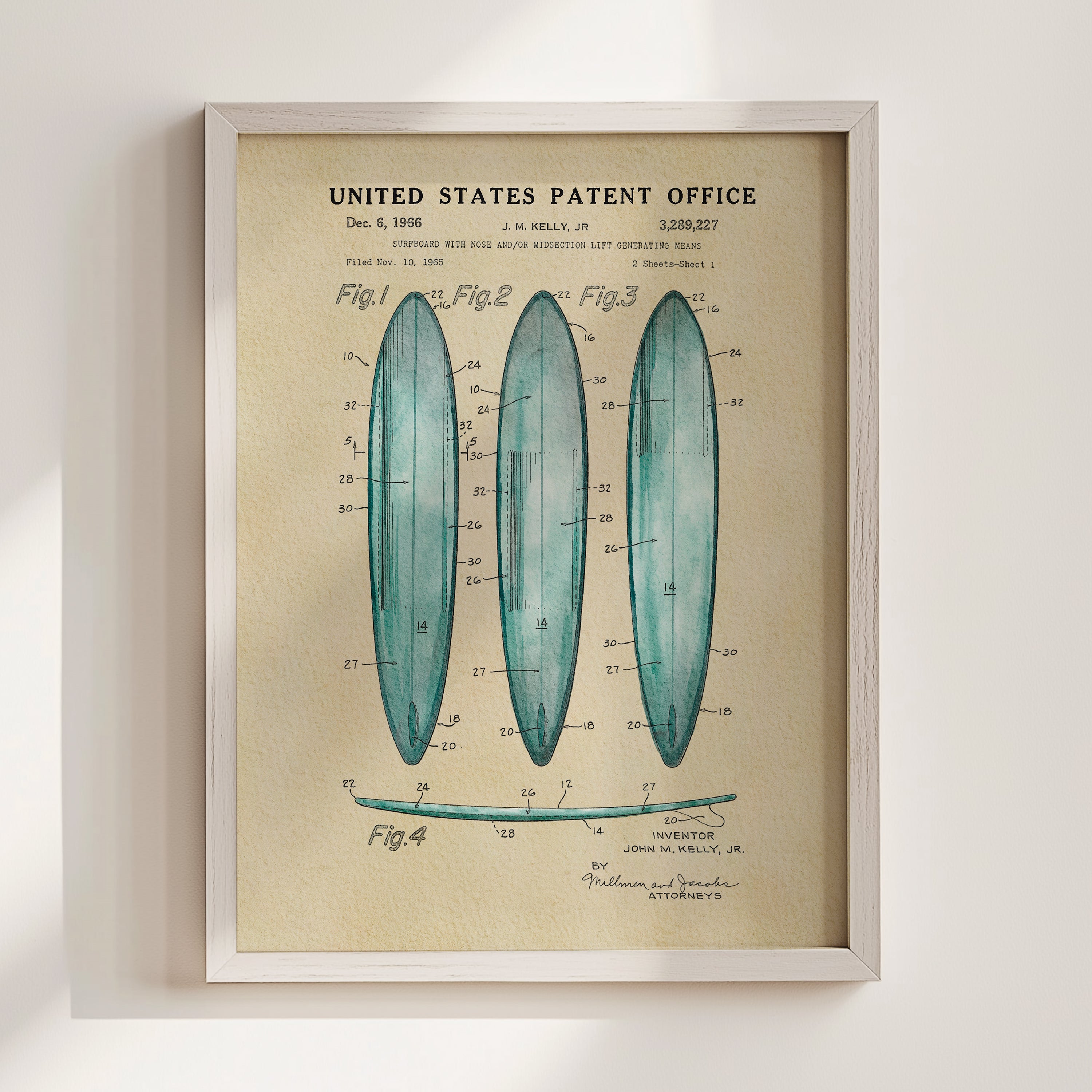 The image is a framed vintage patent drawing depicting three blue surfboards with detailed technical drawings and labels.