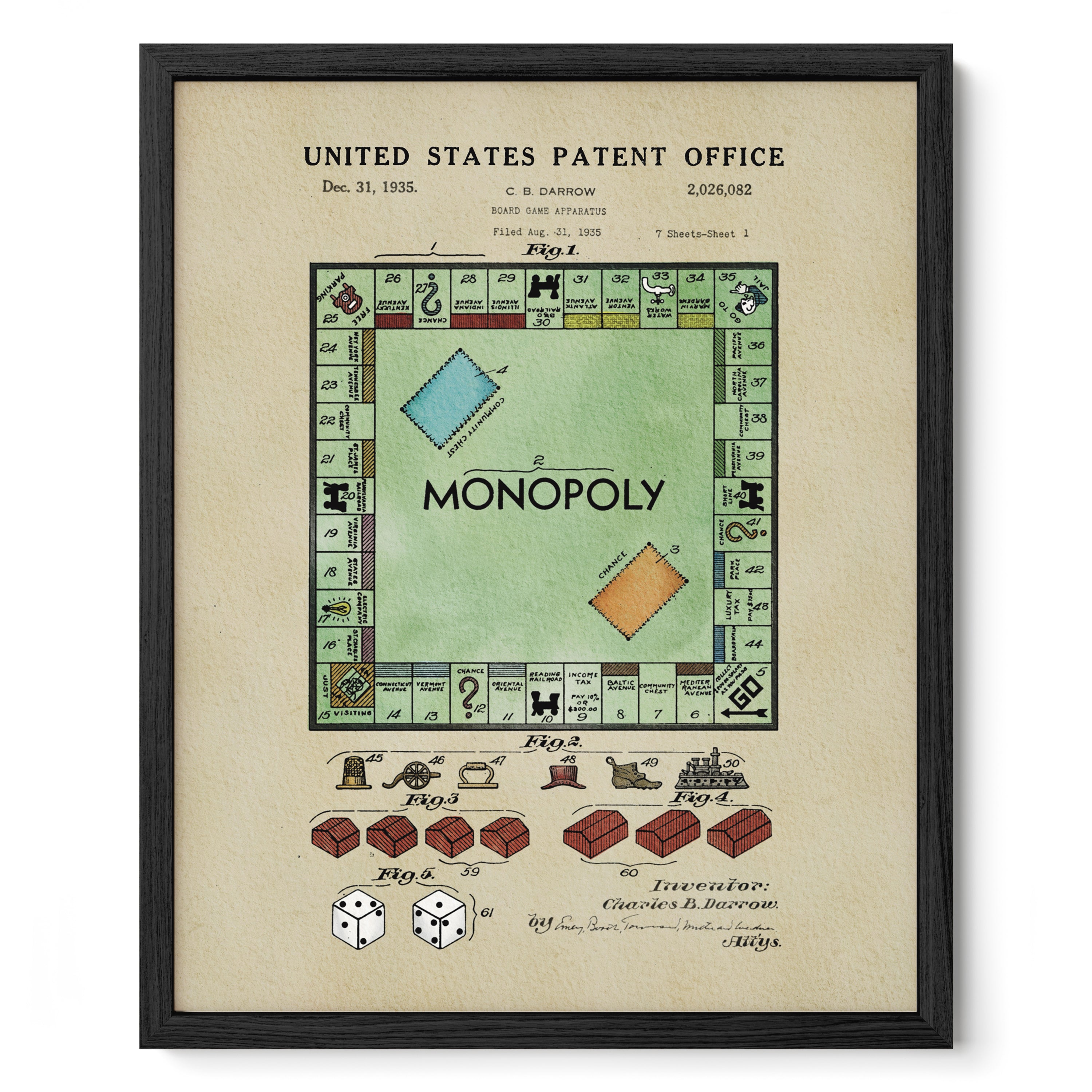 The image is a framed vintage Monopoly patent drawing from December 1931, depicting the Monopoly board game with its iconic game pieces and rules.